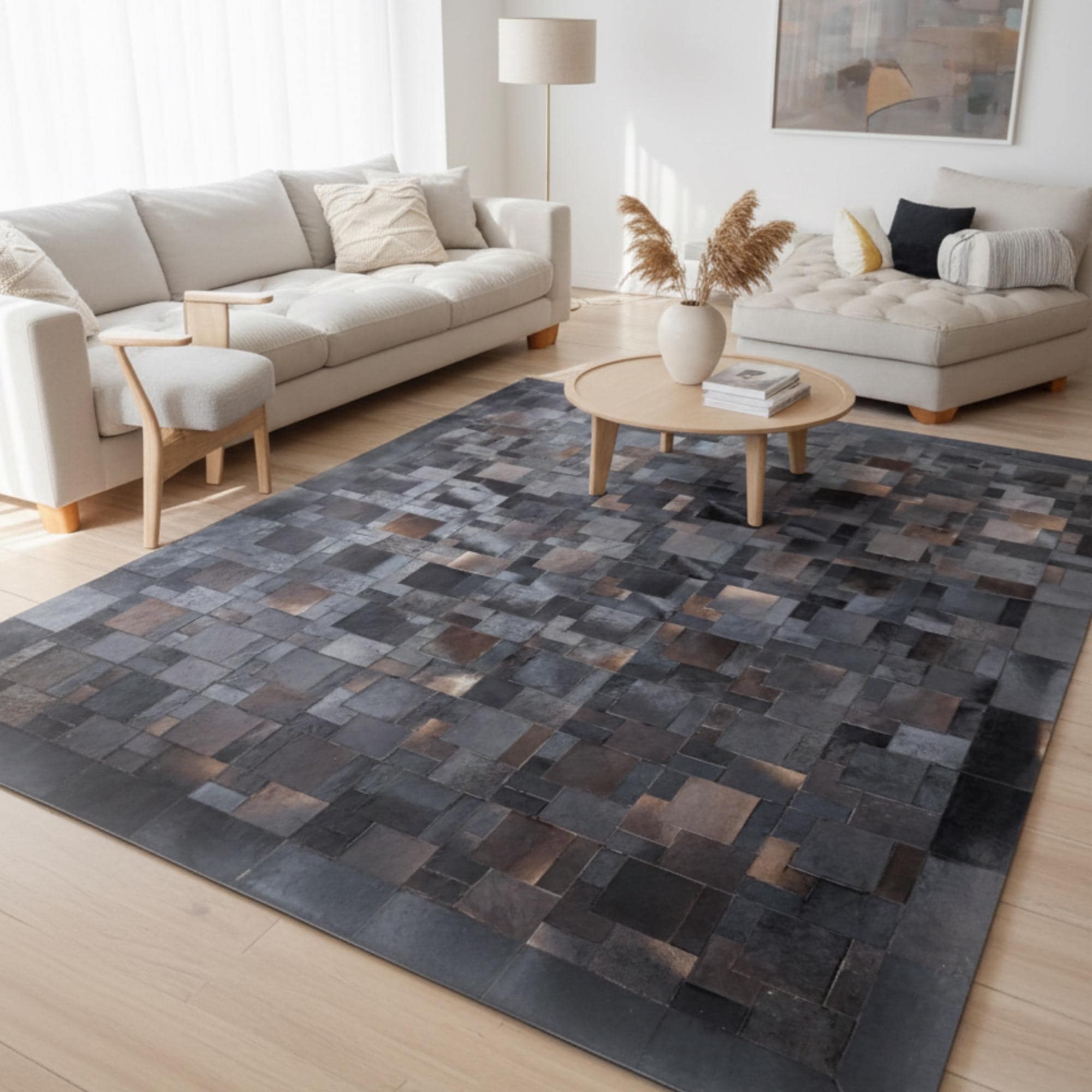 Koyu Gri Tonlu Dana Derisi Patchwork Halı – El Yapımı Doğal Deri Dekoratif Halı