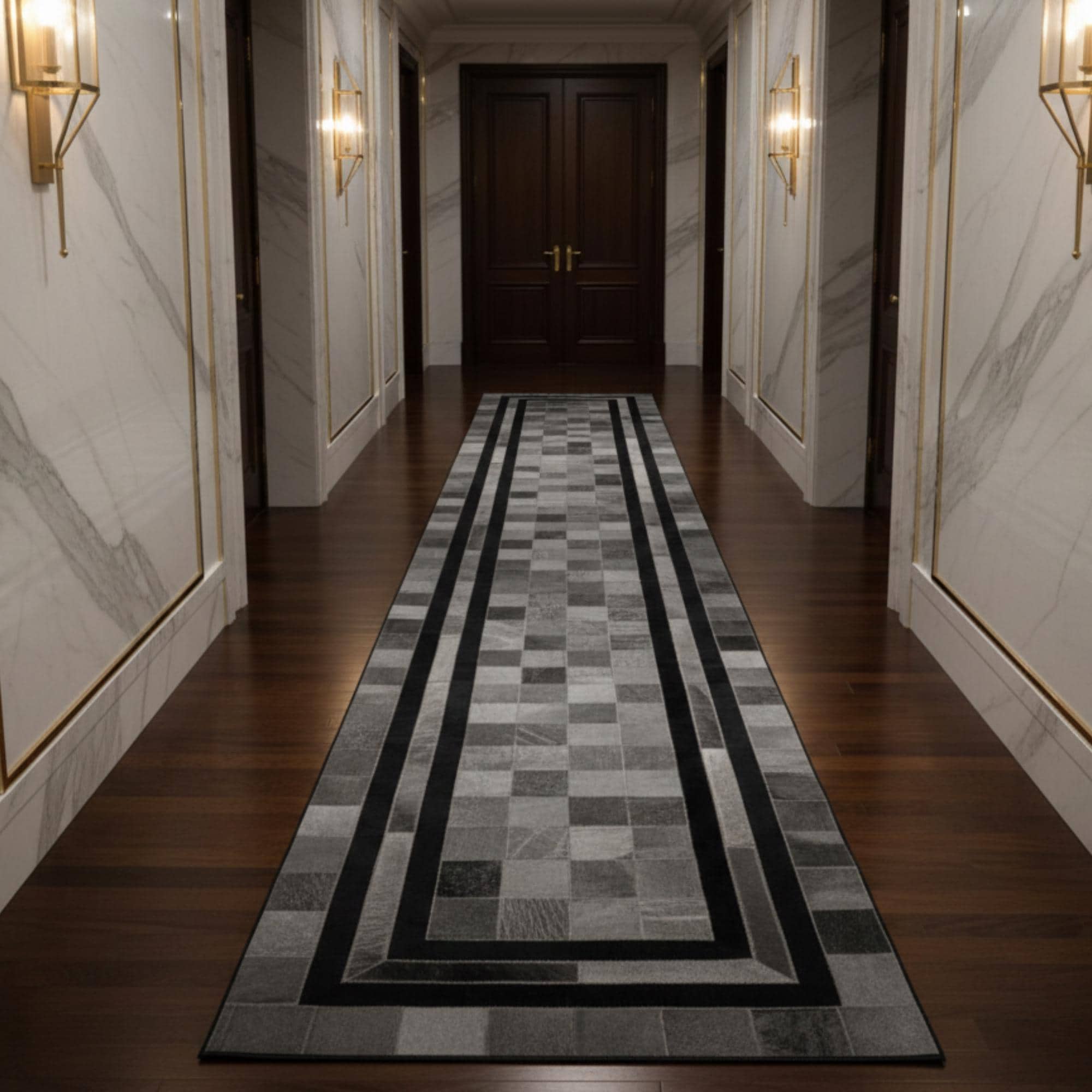 Gri ve Siyah Tonlu Dana Derisi Patchwork Runner Halı