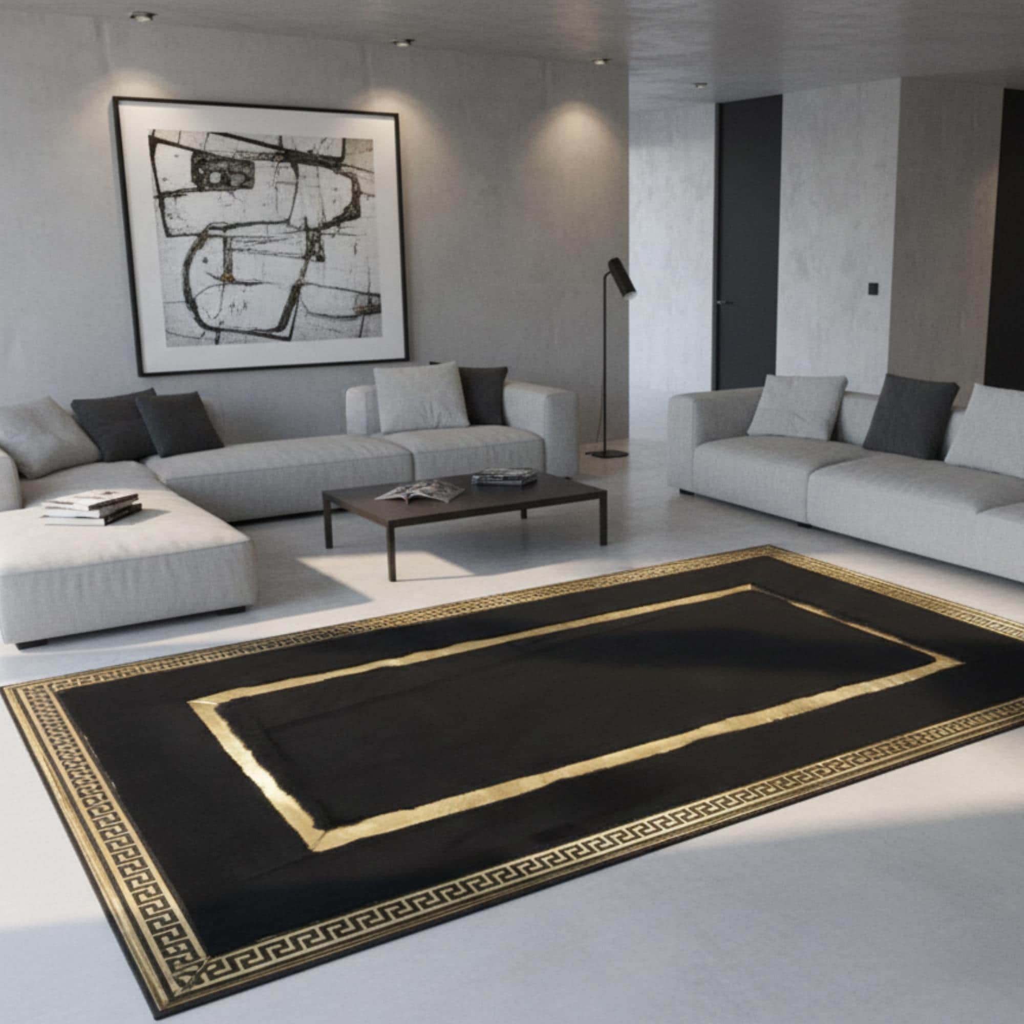 Siyah Zeminli Altın Çerçeve Detaylı Peluş Halı