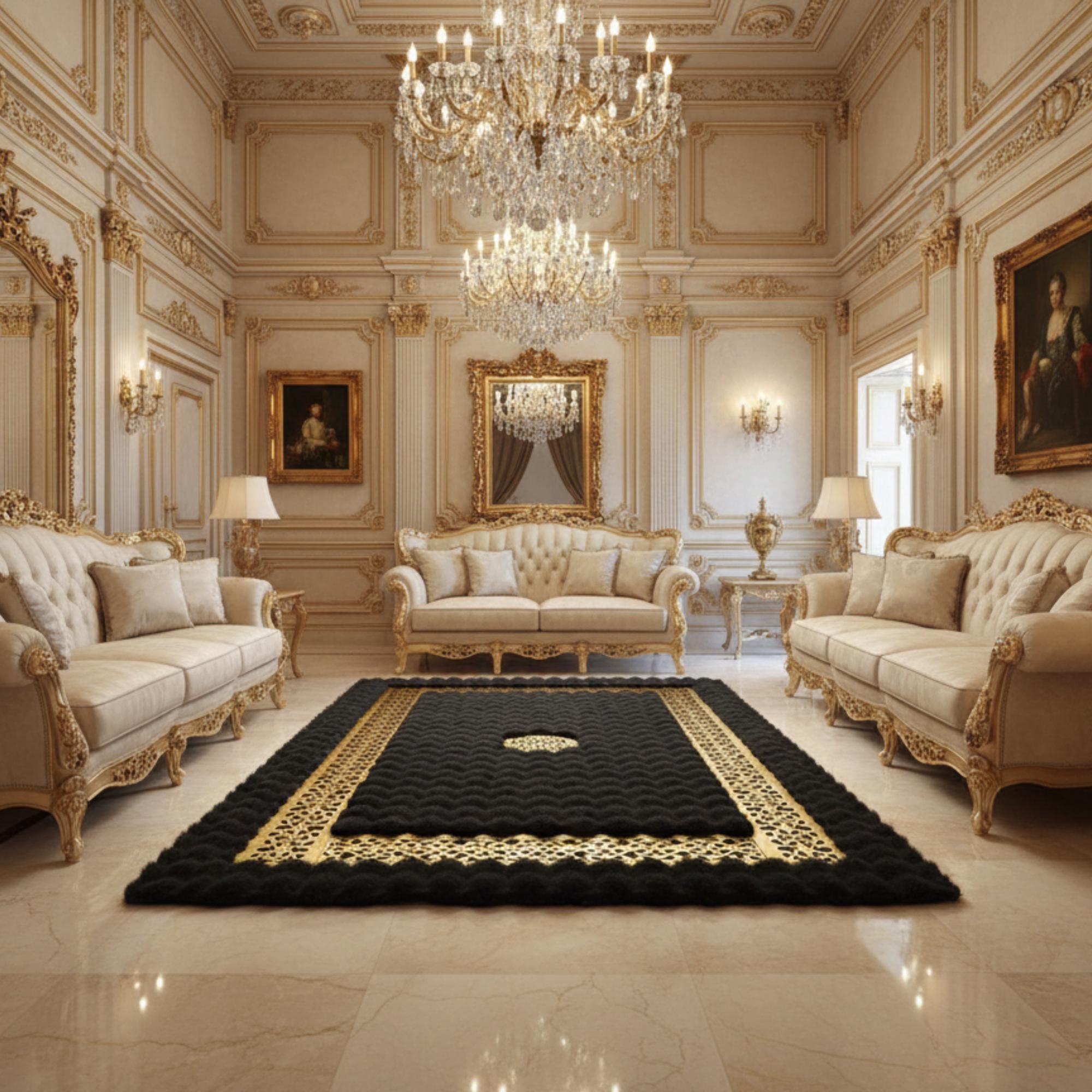 Siyah Zeminli Altın Geometrik Bordürlü Peluş Halı