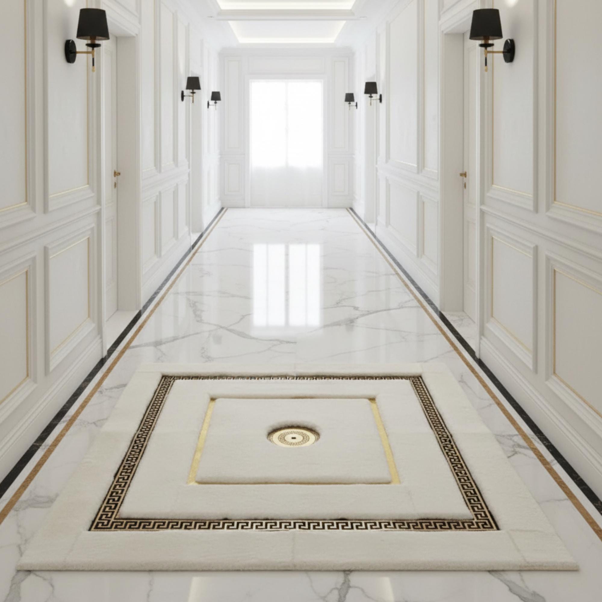 Beyaz Zeminli Merkez Altın Motifli Çift Bordürlü Peluş Halı