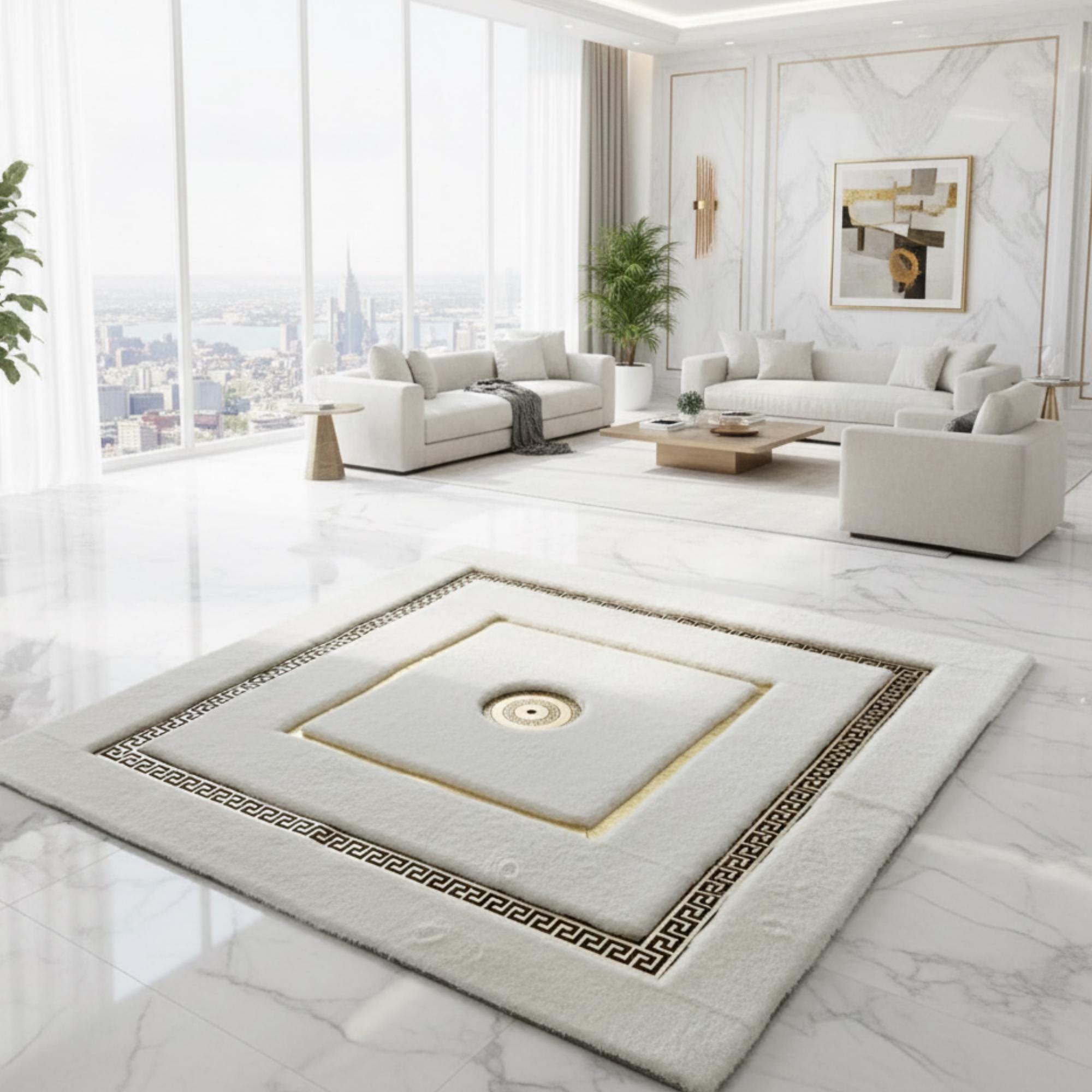 Beyaz Zeminli Merkez Altın Motifli Çift Bordürlü Peluş Halı