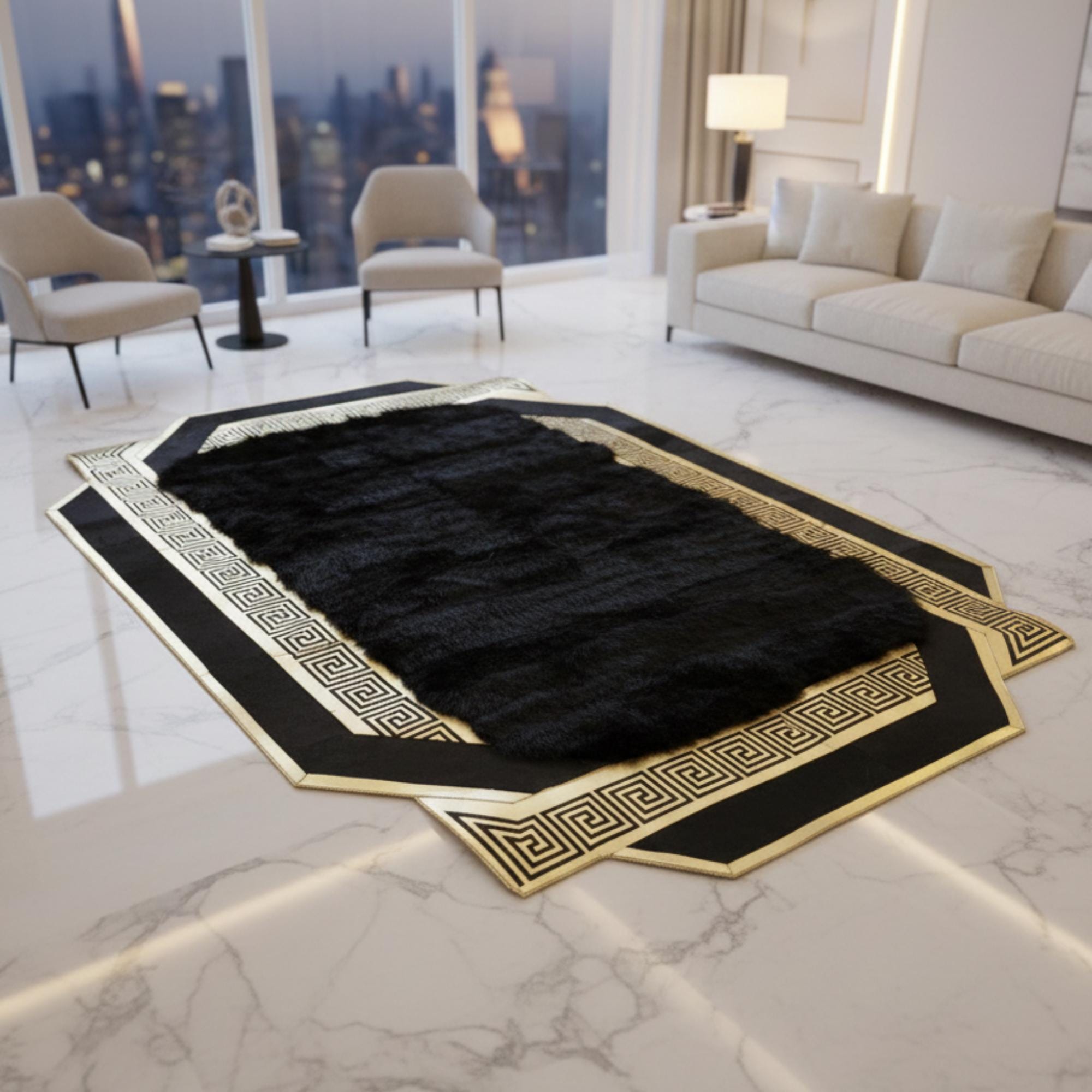 Altın Geometrik Bordürlü Siyah Toscana Kürk Halı – Prestijli ve Lüks Tasarım