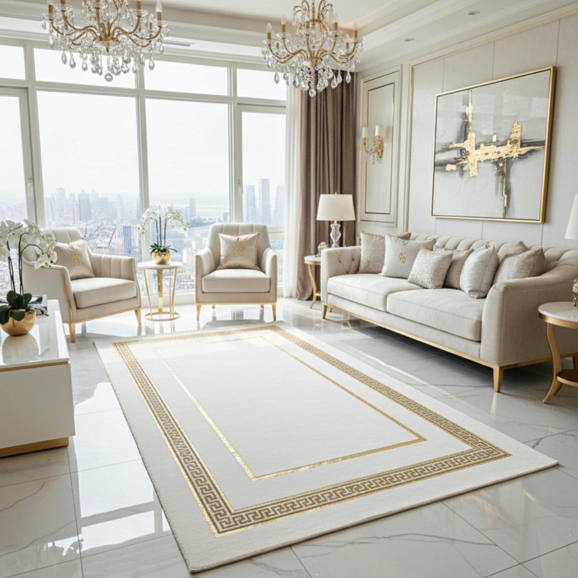 Beyaz Zeminli Çift Katmanlı Altın Çerçeve Detaylı Peluş Halı