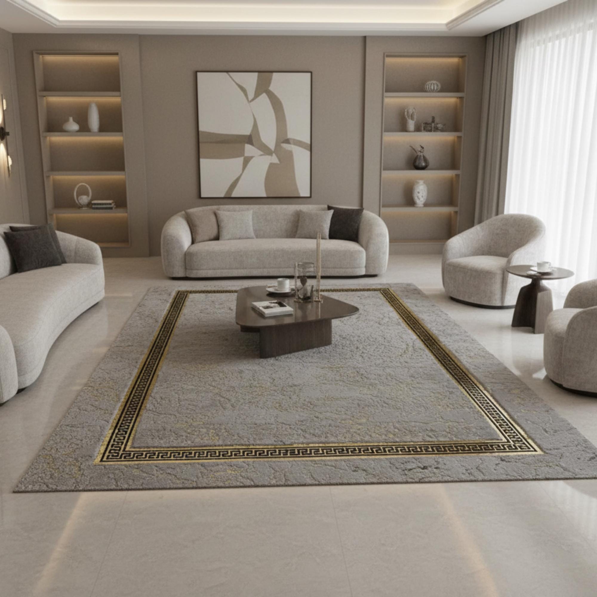 Açık Gri Zeminli Altın İnce Bordür Detaylı Peluş Halı – Yumuşak Dokulu, Şık ve Dekoratif Halı