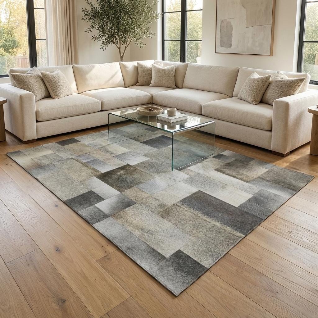 Dana Derisi Patchwork Halı – Gri ve Bej Tonlu Doğal Deri Dekoratif Halı