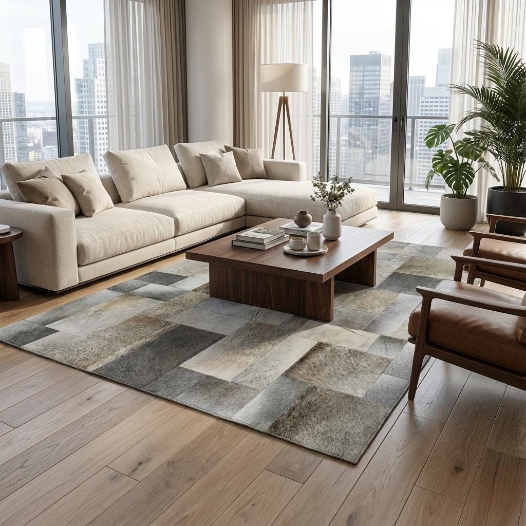 Dana Derisi Patchwork Halı – Gri ve Bej Tonlu Doğal Deri Dekoratif Halı