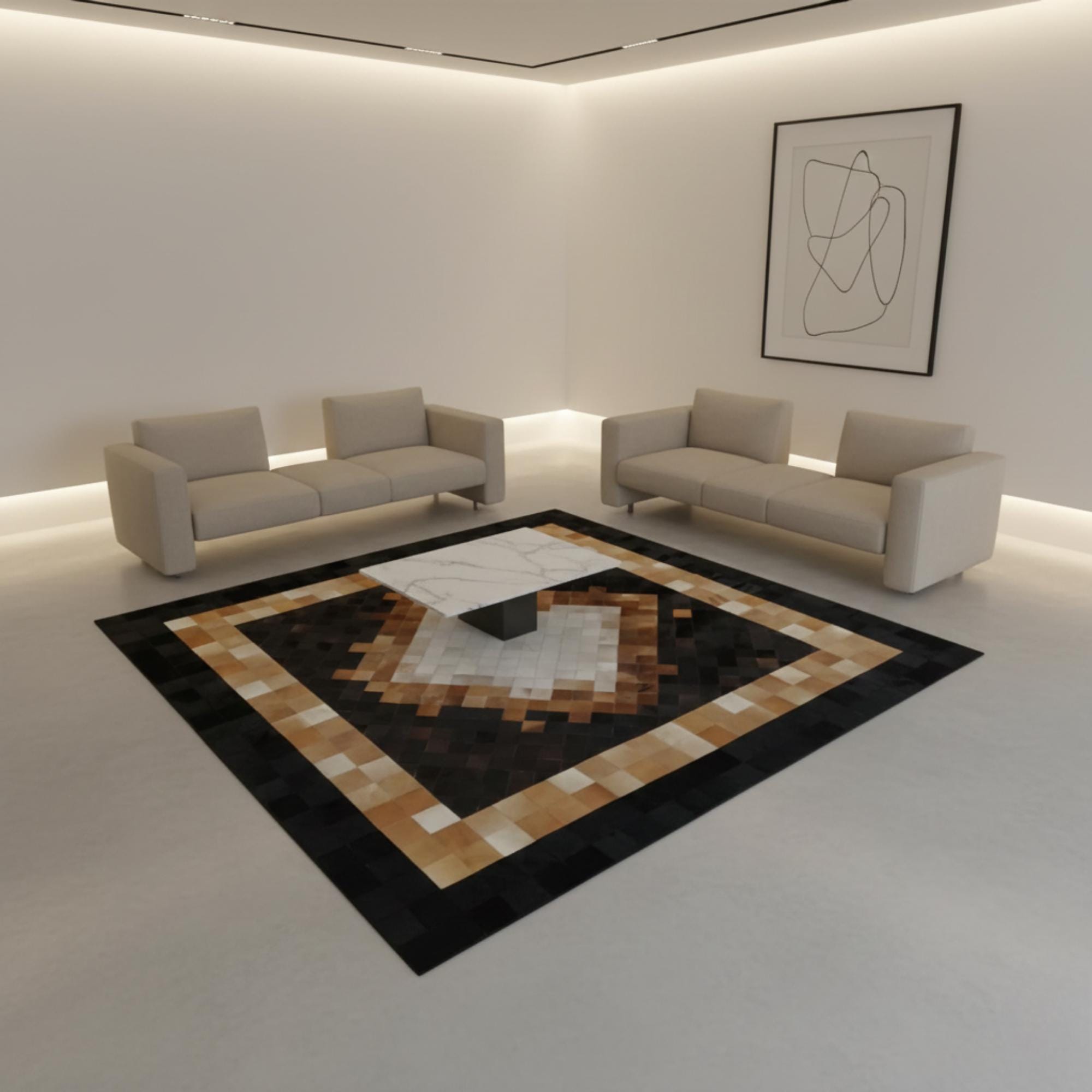 Bej, Kahverengi ve Siyah Tonlu Çerçeveli Dana Derisi Patchwork Halı