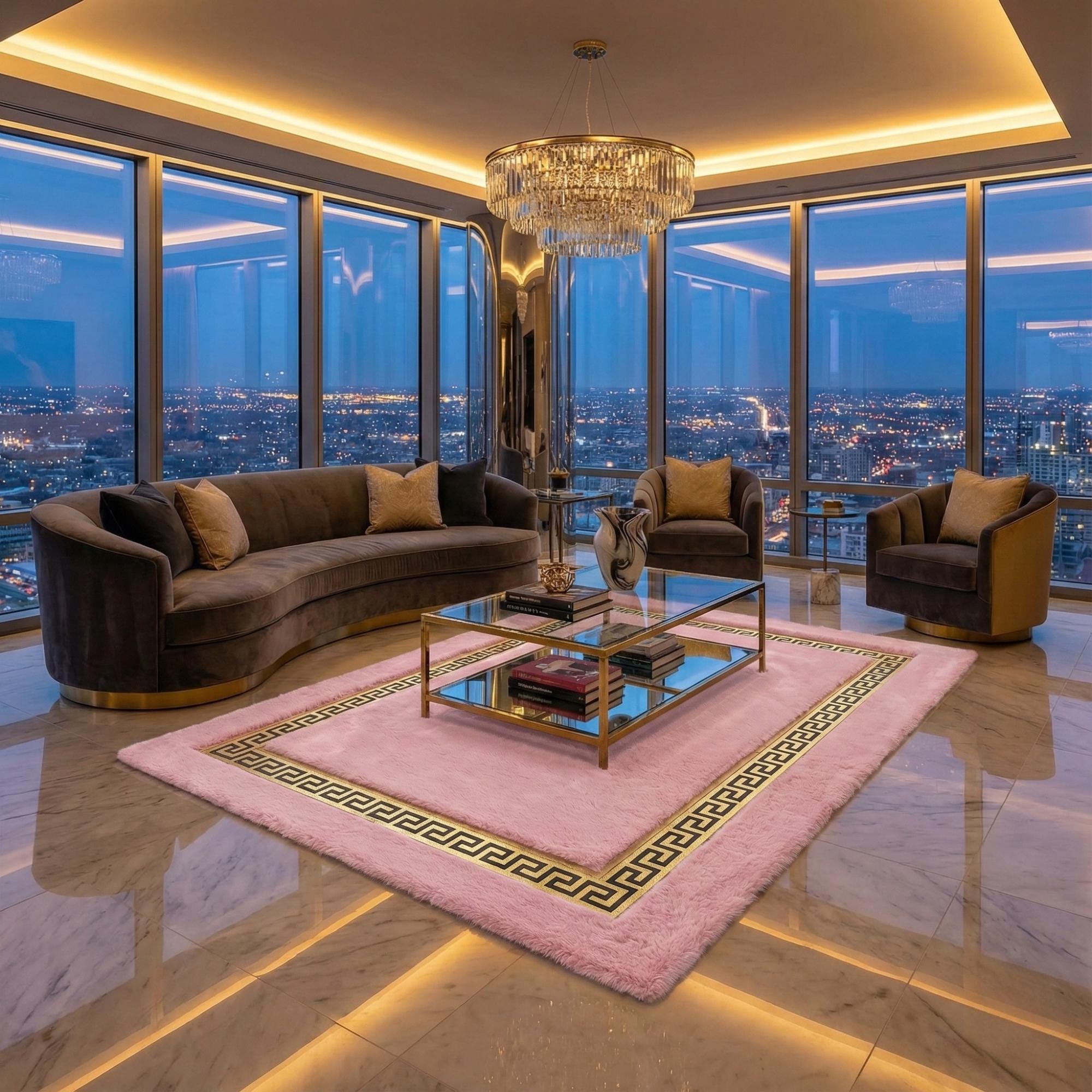 Pembe Zeminli Altın Bordürlü Peluş Halı – Yumuşak Dokulu, Şık ve Dekoratif Halı