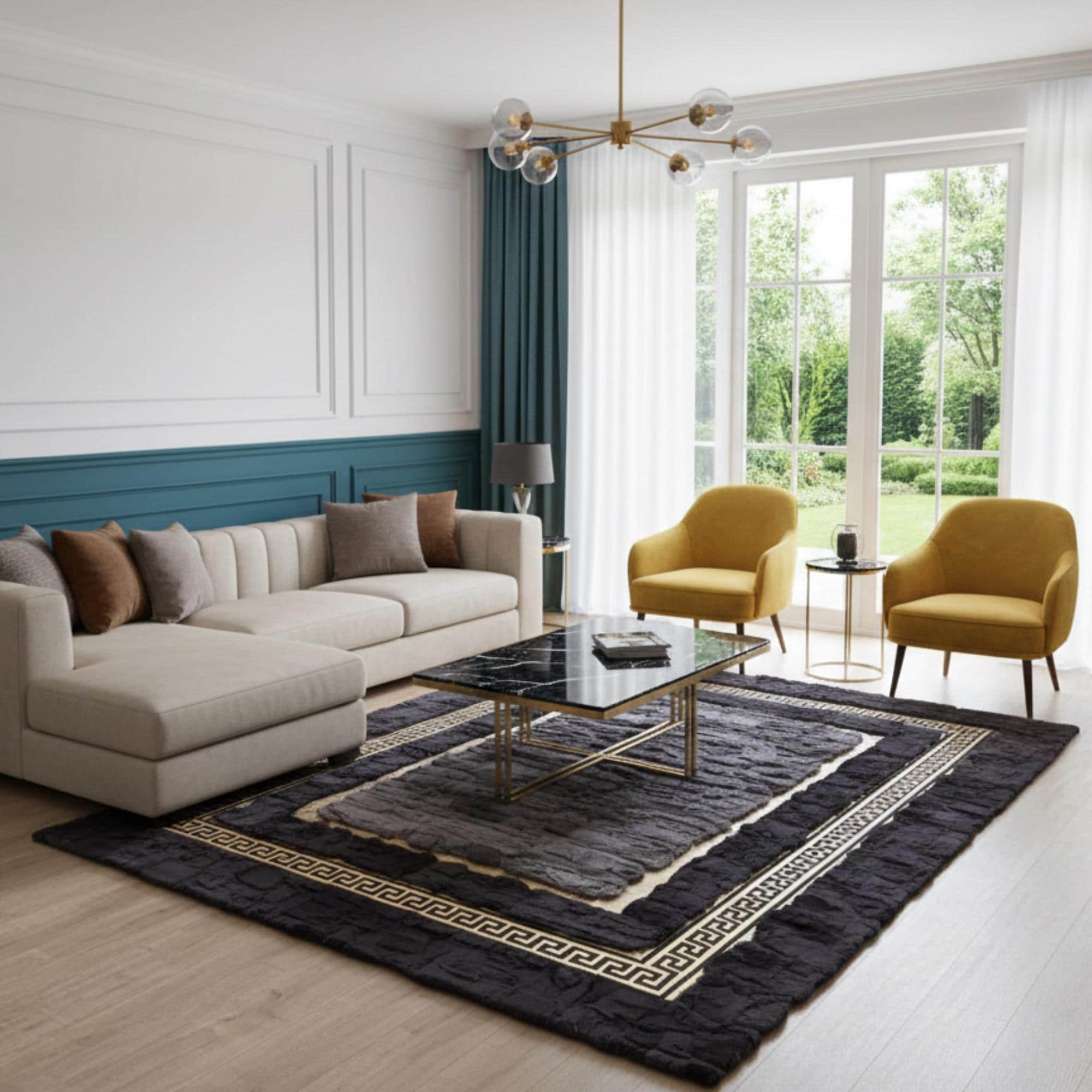 Altın Bordürlü Antrasit Gri Rex Tavşan Kürkü Salon Halısı – Modern ve Lüks Tasarım