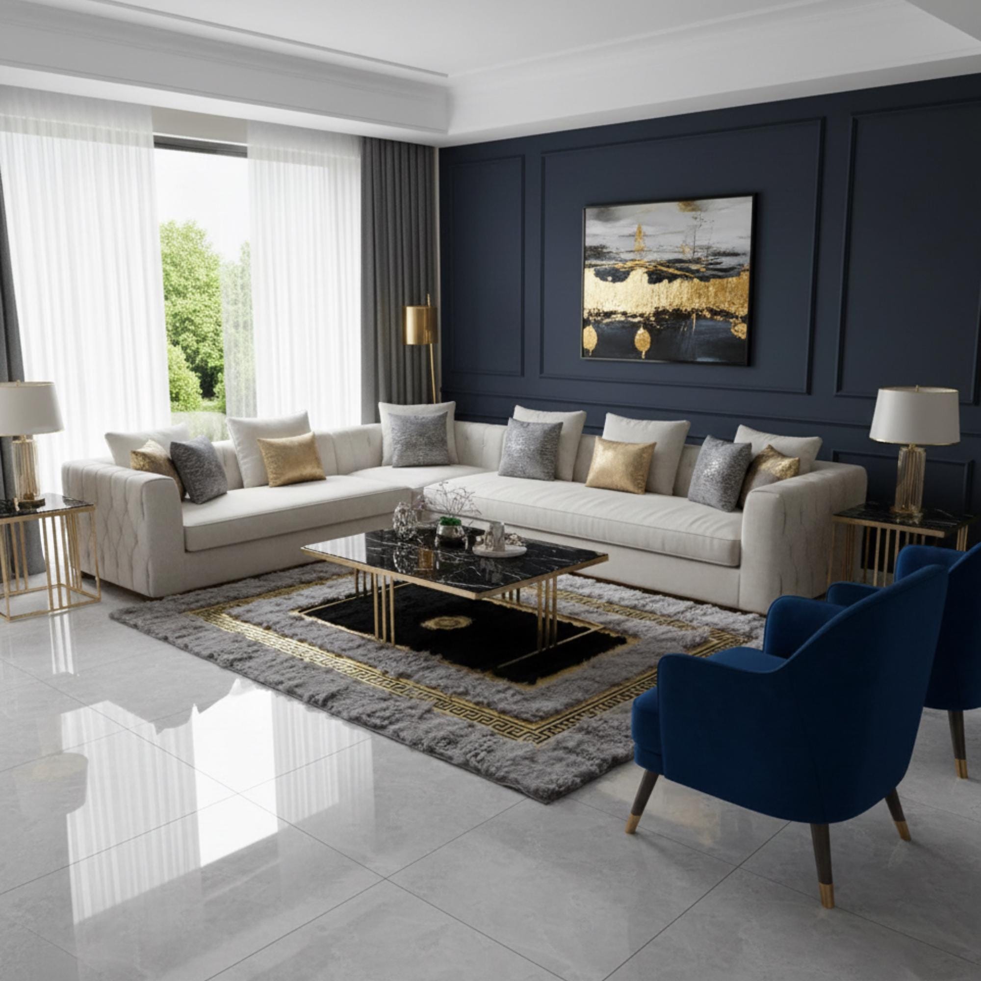 Altın Bordürlü Gri Toscana Kürk Halı – Şık ve Prestijli Salon Tasarımı