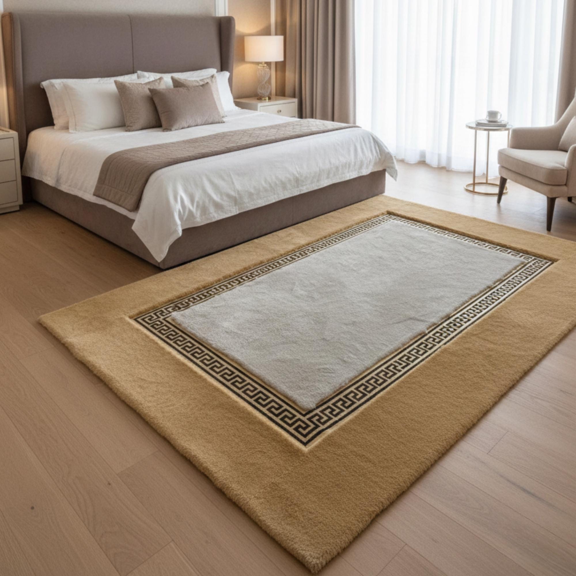 Kum Zeminli Altın Çerçeveli Peluş Halı – Yumuşak Dokulu, Şık ve Dekoratif Halı