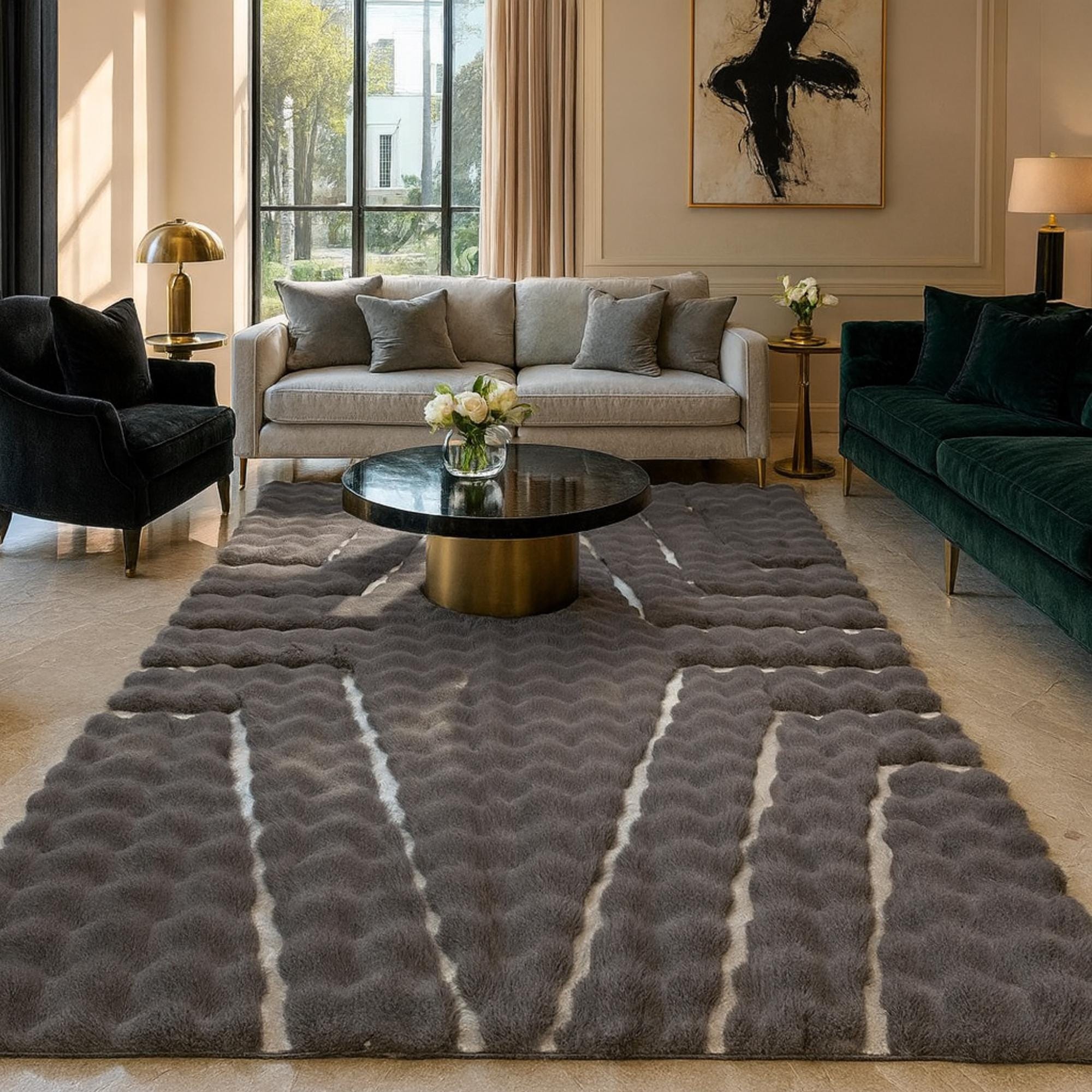 Gri Zeminli Altın Çerçeveli Peluş Halı – Yumuşak Dokulu, Şık ve Dekoratif Halı