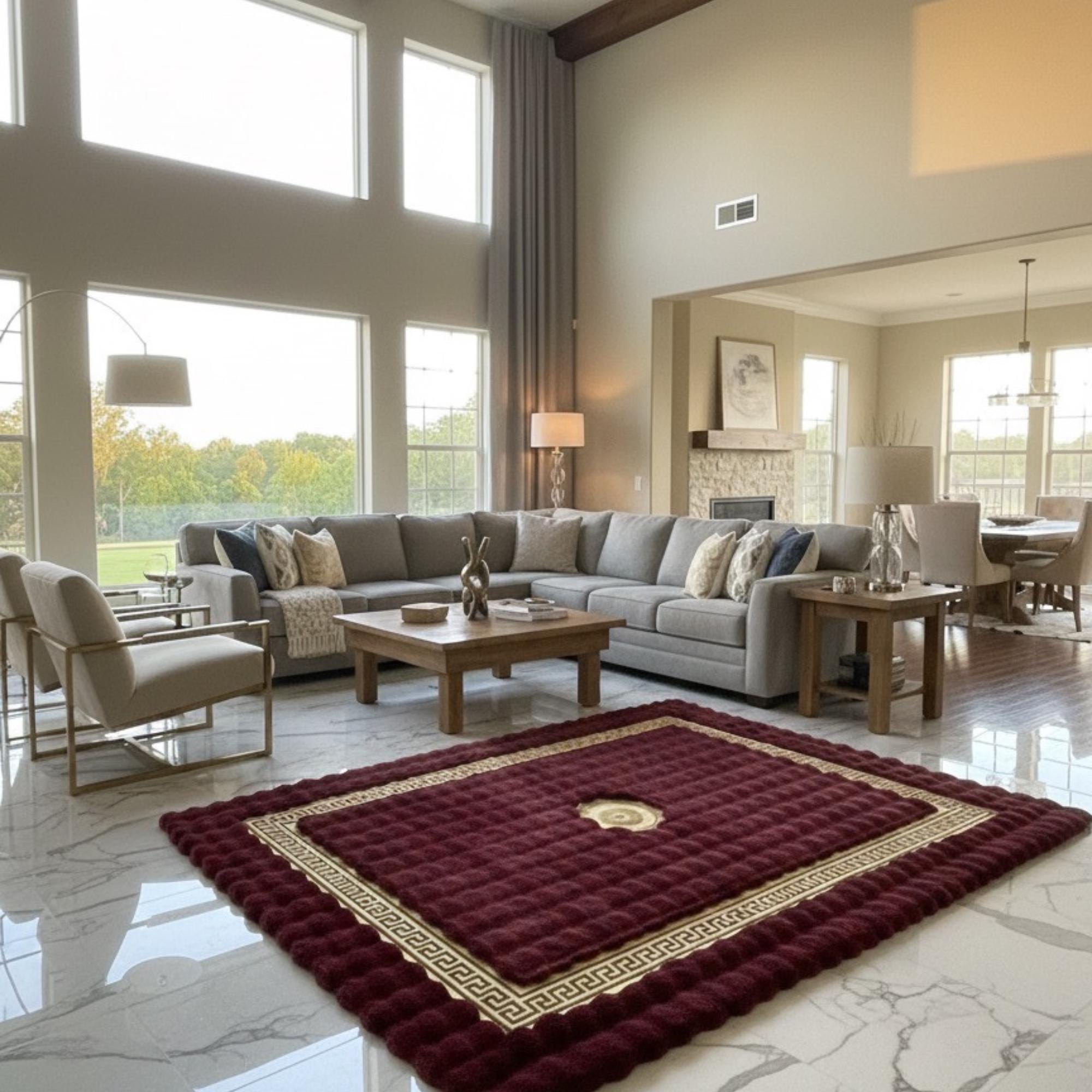 Bordo Zeminli Altın Çerçeveli Peluş Halı – Yumuşak Dokulu, Şık ve Dekoratif Halı