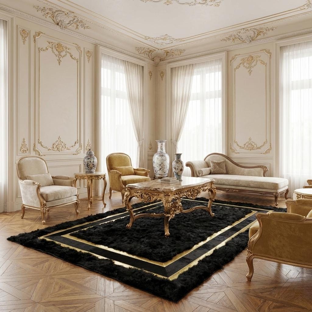 Modern Salonlar İçin Toscana Siyah Kürk Halı – Altın Detaylı