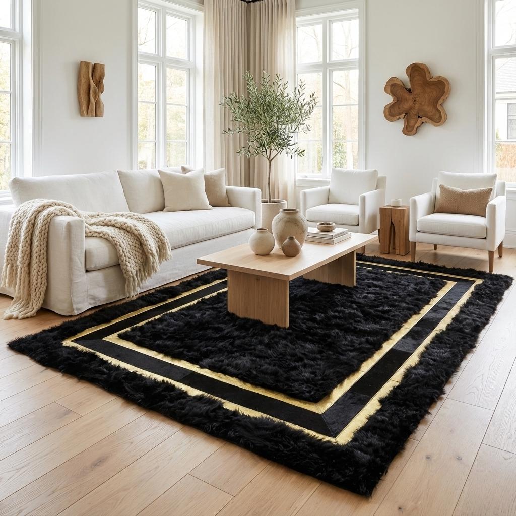 Modern Salonlar İçin Toscana Siyah Kürk Halı – Altın Detaylı
