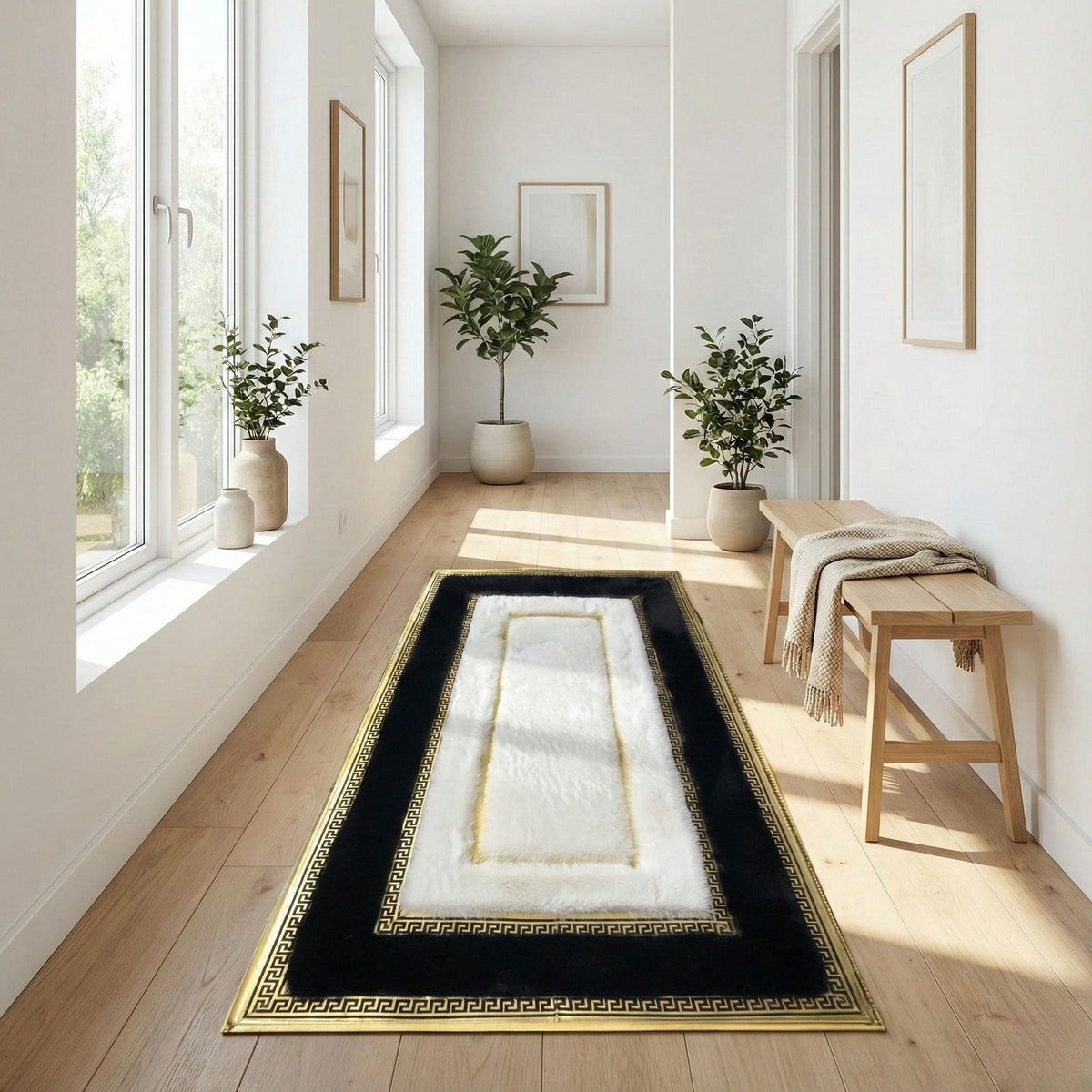 Siyah Beyaz Peluş Yolluk Halı – Altın Geometrik Bordürlü Lüks Koridor Halısı, Modern Tasarım