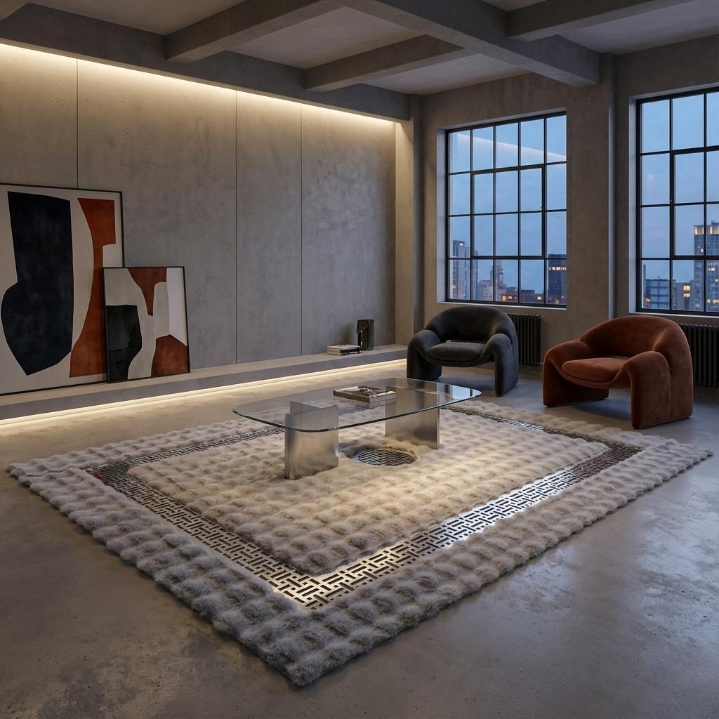 Gri ve Gümüş, Silver Tonlu Bordür Detaylı Peluş Halı