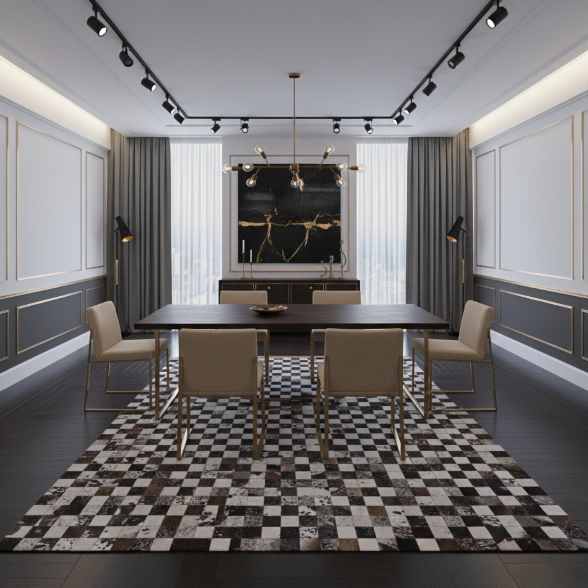 Siyah, Kahverengi ve Beyaz Tonlu Dana Derisi Patchwork Halı