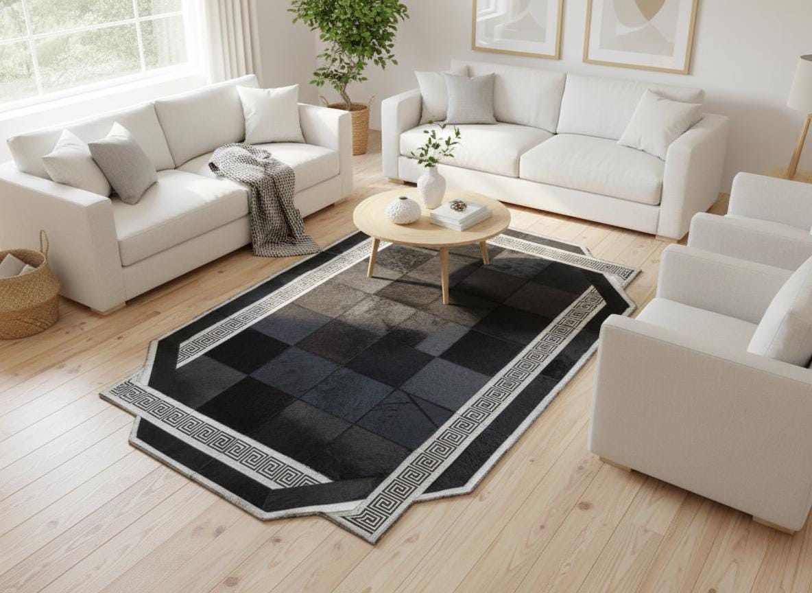 Siyah ve Gri Tonlu Bordürlü Dana Derisi Patchwork Halı – El Yapımı Doğal Deri Dekoratif Halı