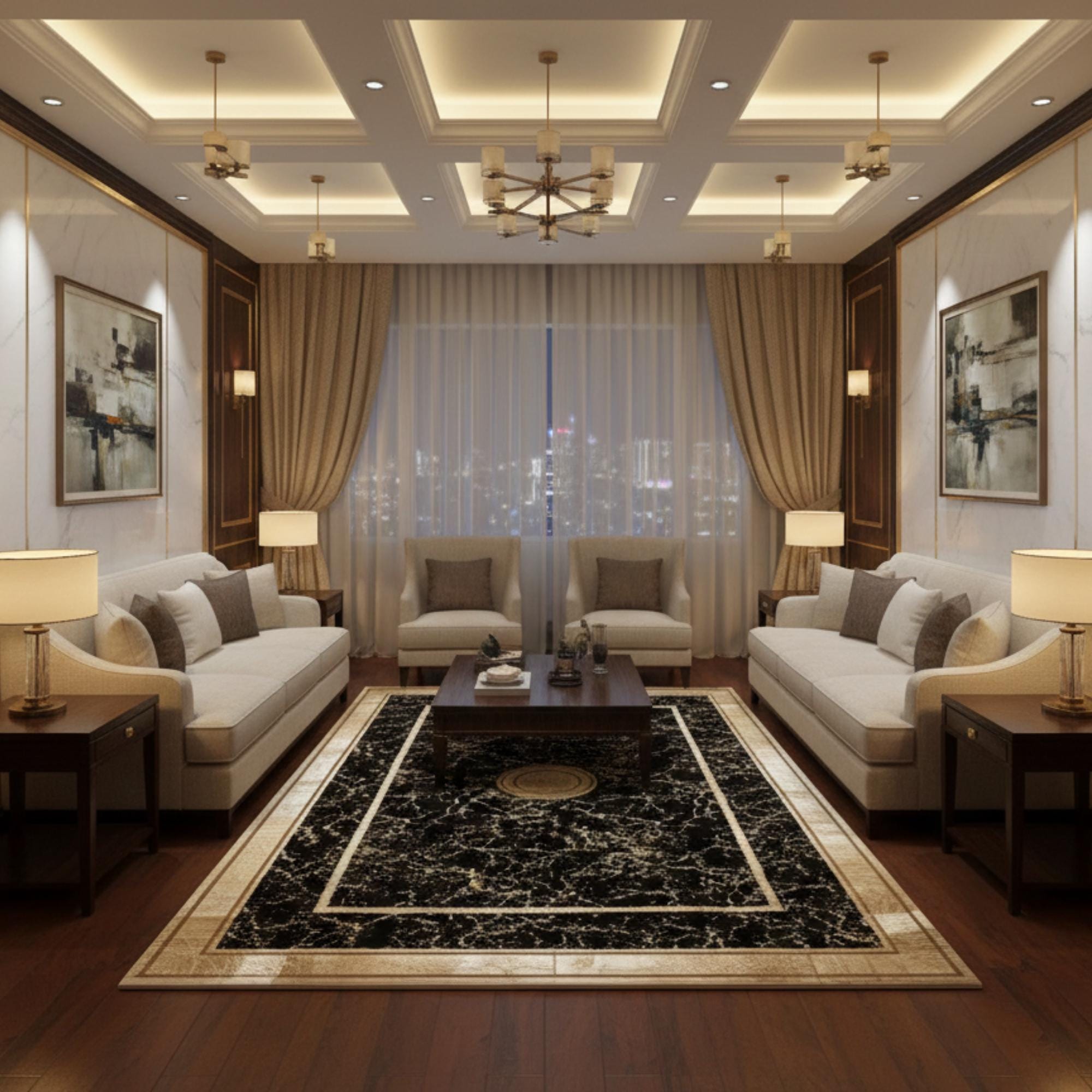 Siyah Zeminli Klasik Desenli Altın Çerçeveli Peluş Halı – Yumuşak Dokulu, Şık ve Dekoratif Halı