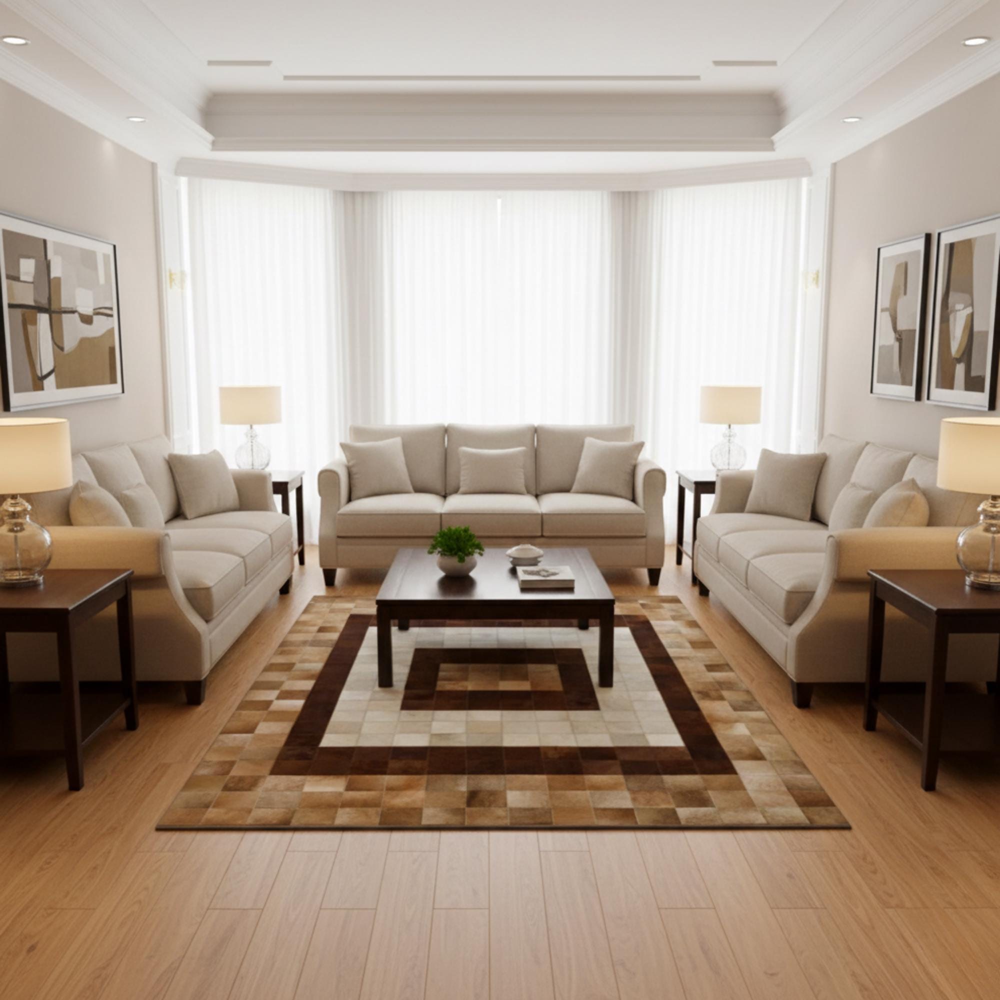 Koyu Çerçeveli Açık Merkezli Bej ve Kahverengi Tonlu Dana Derisi Patchwork