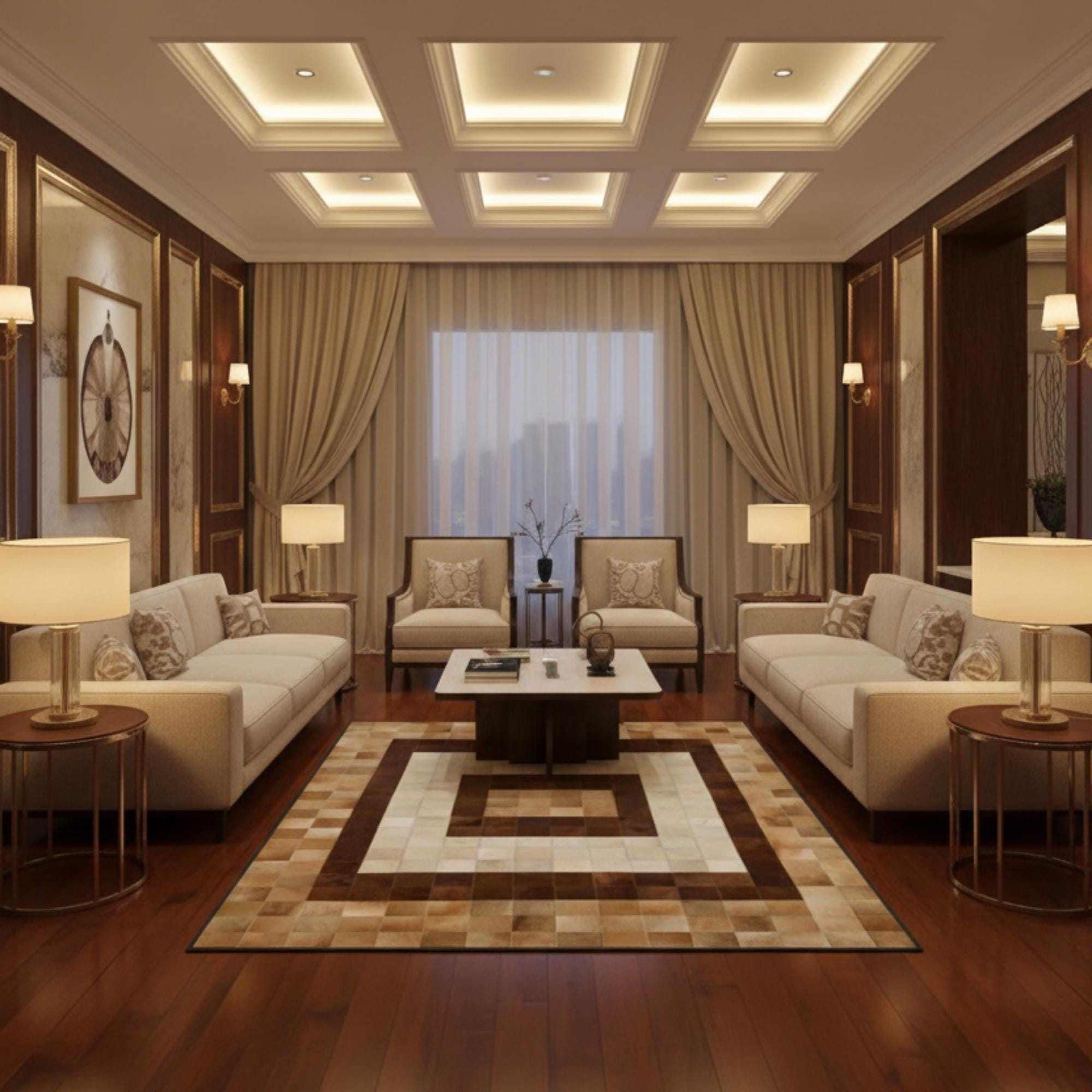 Koyu Çerçeveli Açık Merkezli Bej ve Kahverengi Tonlu Dana Derisi Patchwork