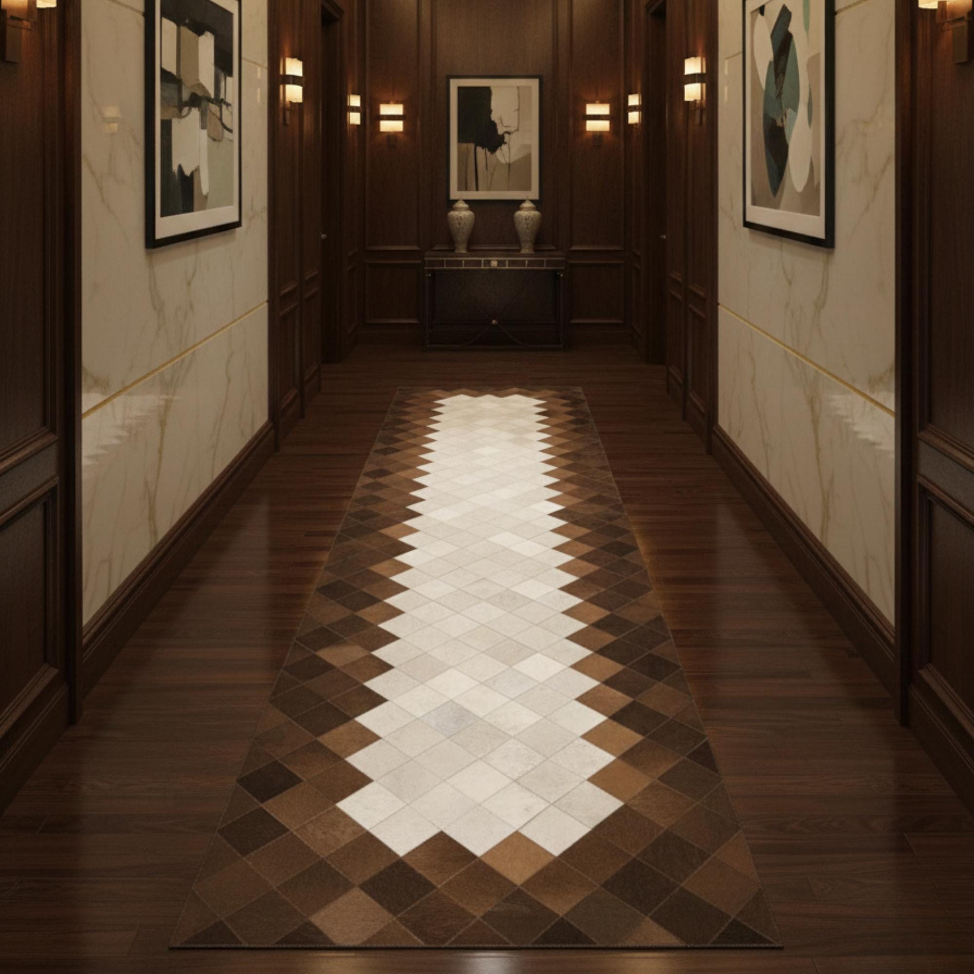 Elmas Desenli Bej ve Kahverengi Tonlu Dana Derisi Patchwork Runner Halı