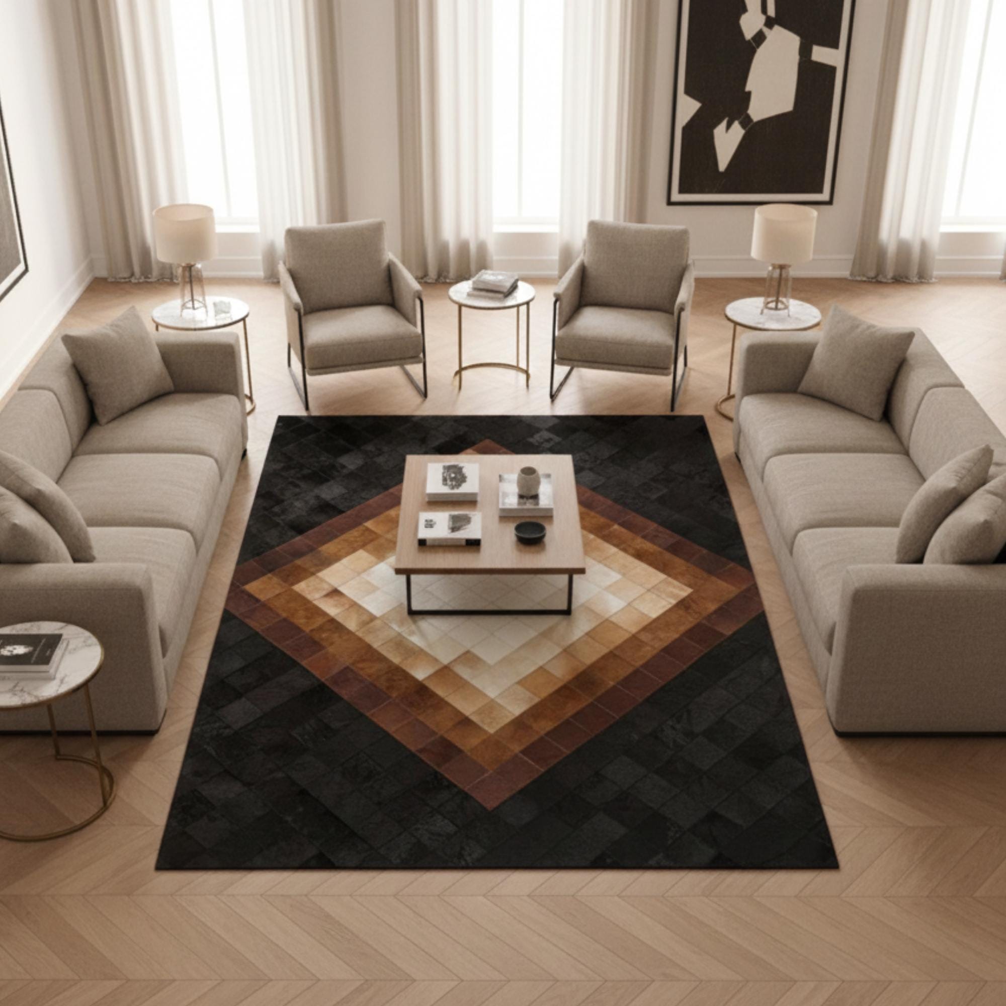 Koyu Merkezli ve Çerçeveli Bej Kahverengi Tonlu Dana Derisi Patchwork Halı