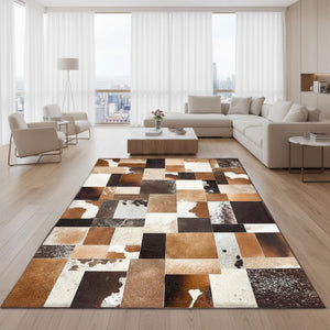 Bej, Kahverengi ve Siyah Tonlu Dana Derisi Patchwork Halı – El Yapımı Doğal Deri Dekoratif Halı – görsel 4
