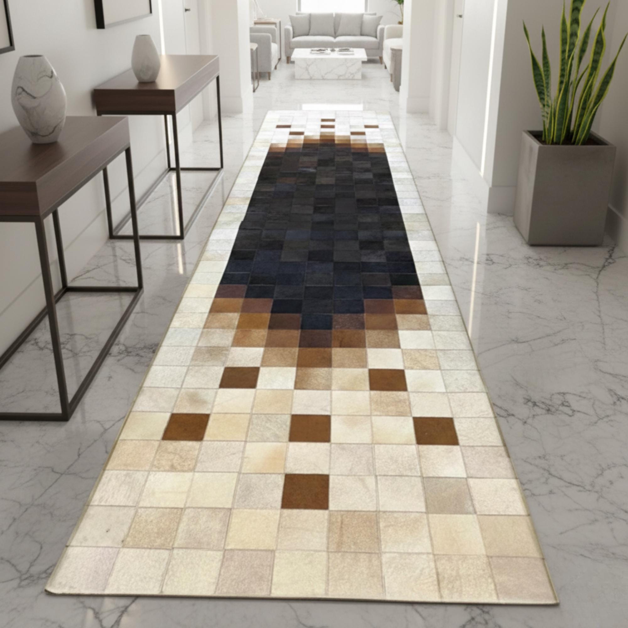 Koyu Merkezli Bej ve Açık Kahverengi Tonlu Dana Derisi Patchwork Runner Halı