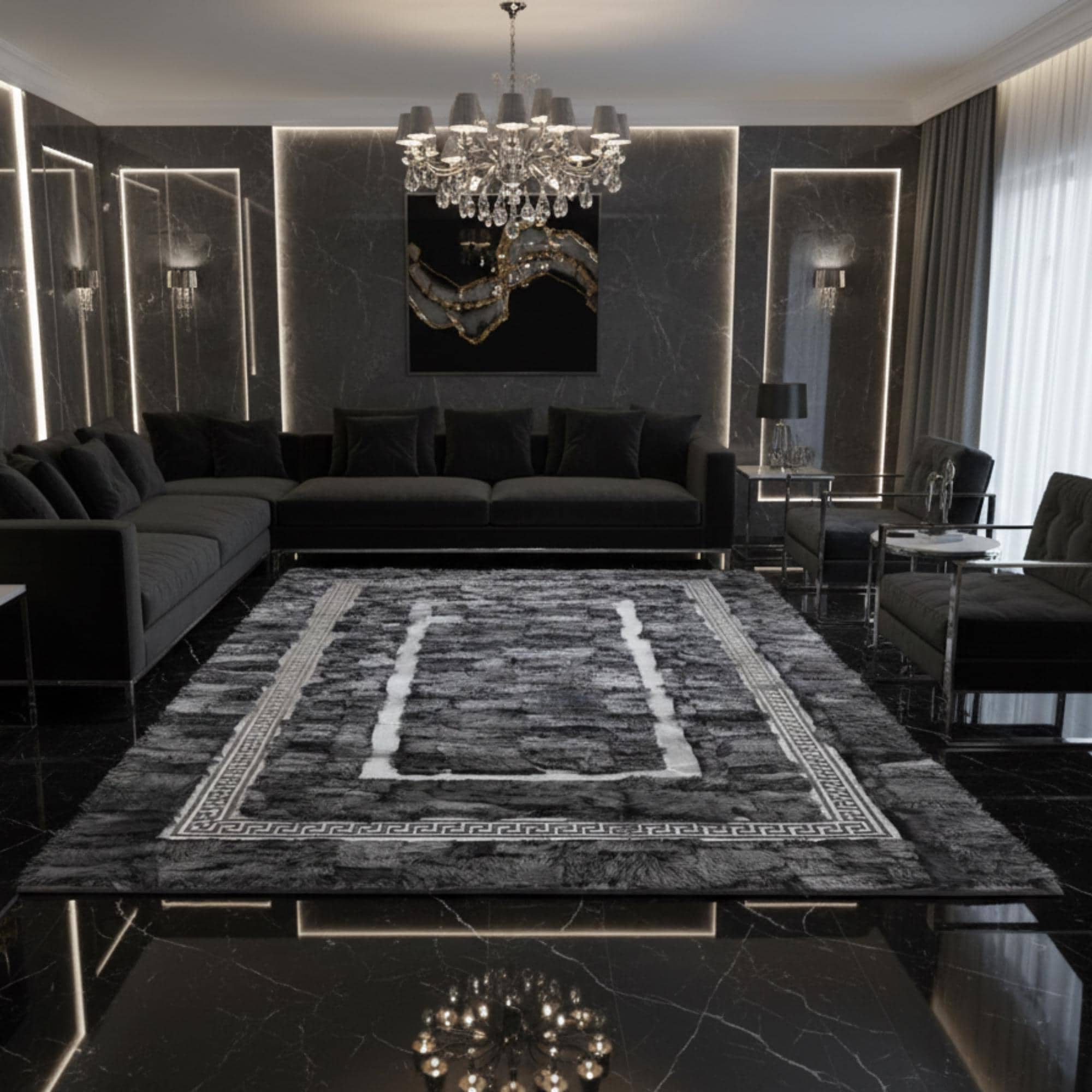 Gri Toscana Kürk Halı Gri Bordorlü– Modern Çizgili ve Şık Salon Tasarımı