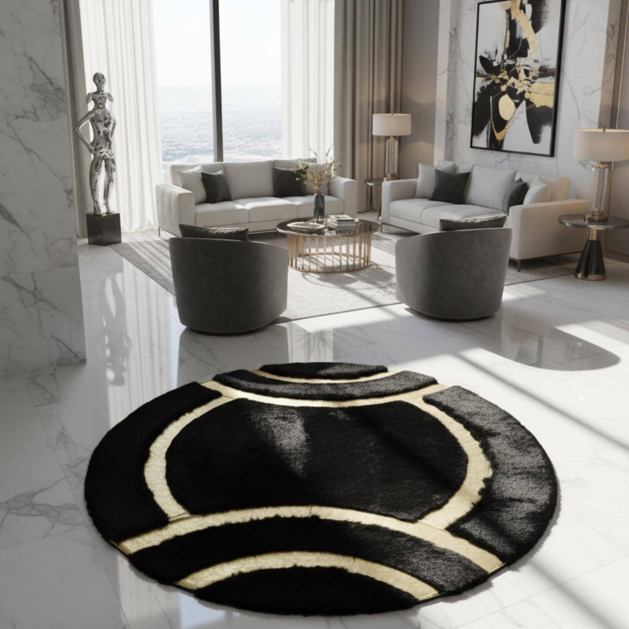 Siyah Zeminli Altın Akıcı Çizgi Desenli Yuvarlak Peluş Halı – Yumuşak Dokulu, Modern ve Dekoratif Halı