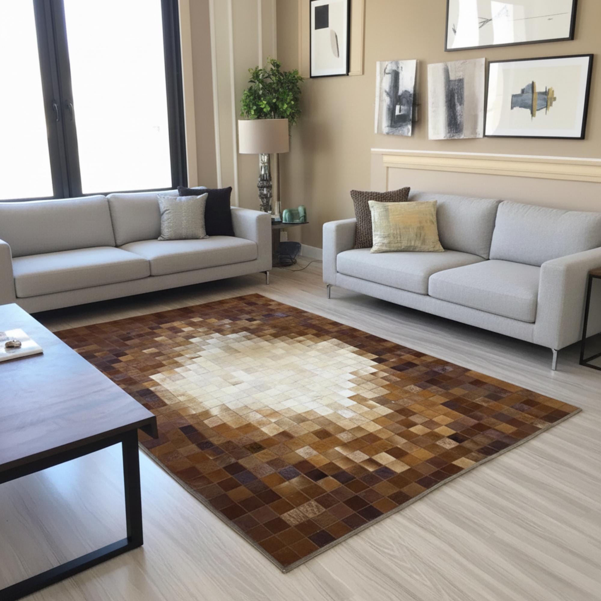 Açık Merkezli Kahverengi Tonlu Dana Derisi Patchwork Halı – El Yapımı Doğal Deri Dekoratif Halı