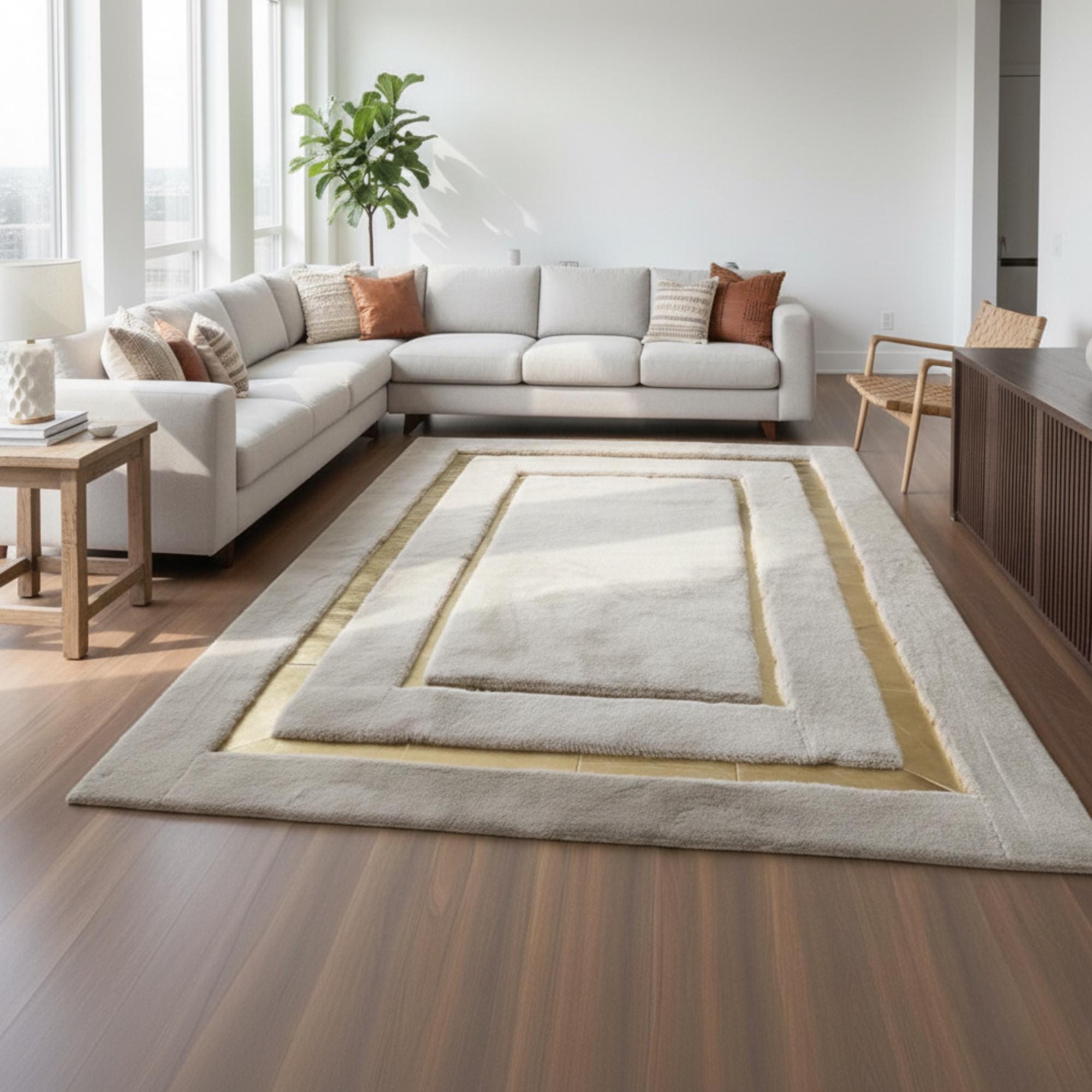 Açık Gri Zeminli Altın Kalın Bordür Detaylı Peluş Halı – Yumuşak Dokulu