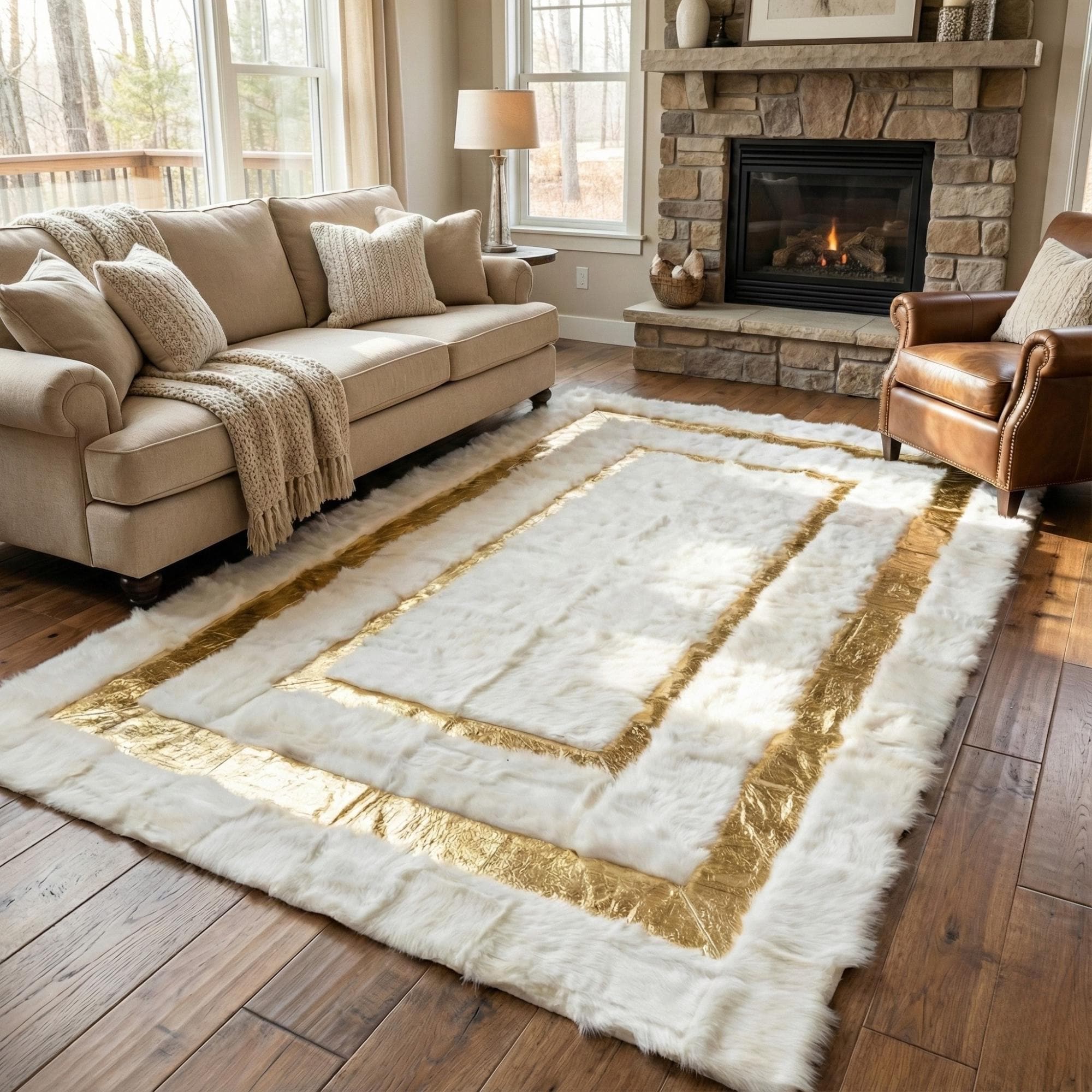 Altın Detaylı Krem Toscana Kürk Salon Halısı – Sıcak ve Lüks Tasarım
