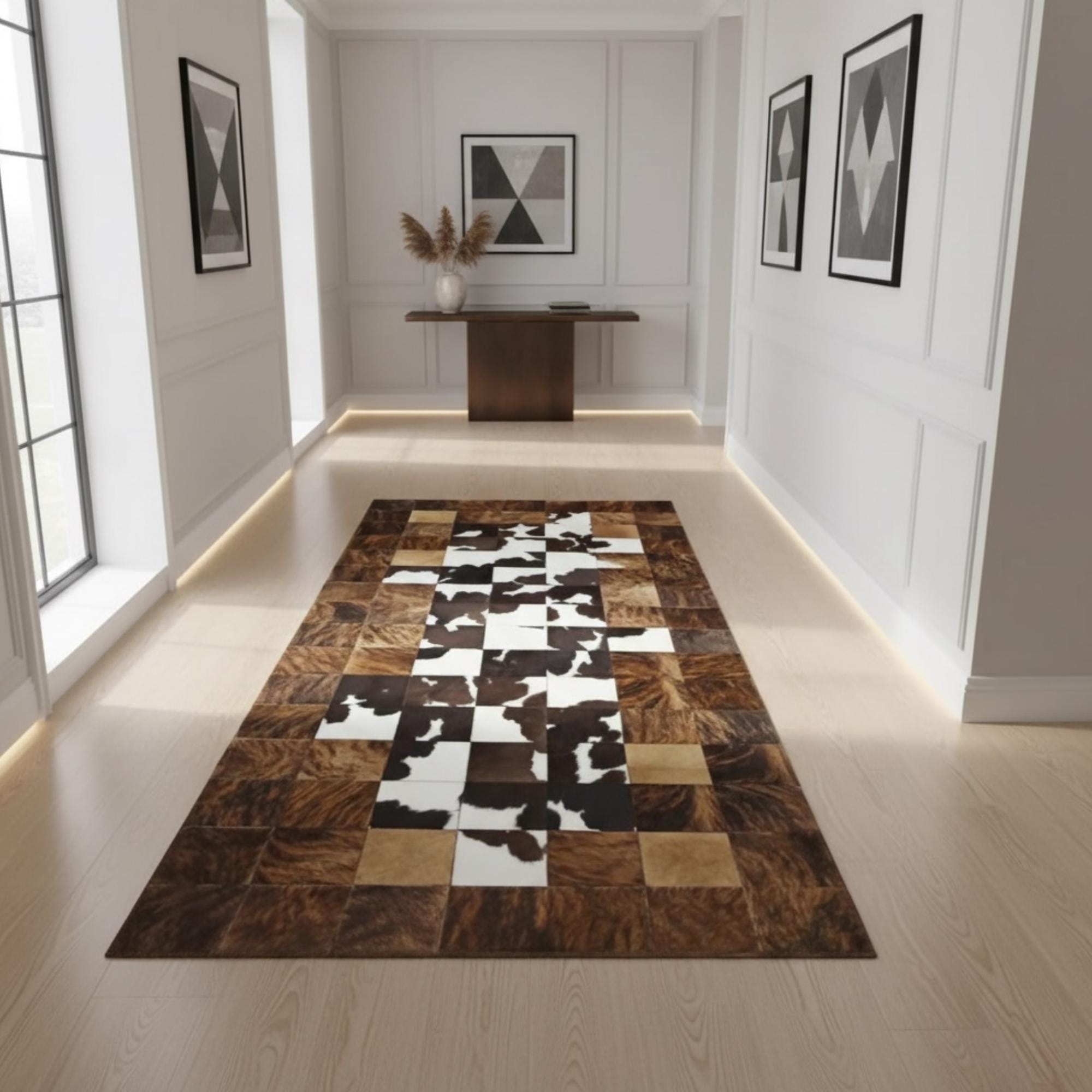 Kahverengi Çerçeveli Siyah Beyaz Doğal Desenli Dana Derisi Patchwork Halı