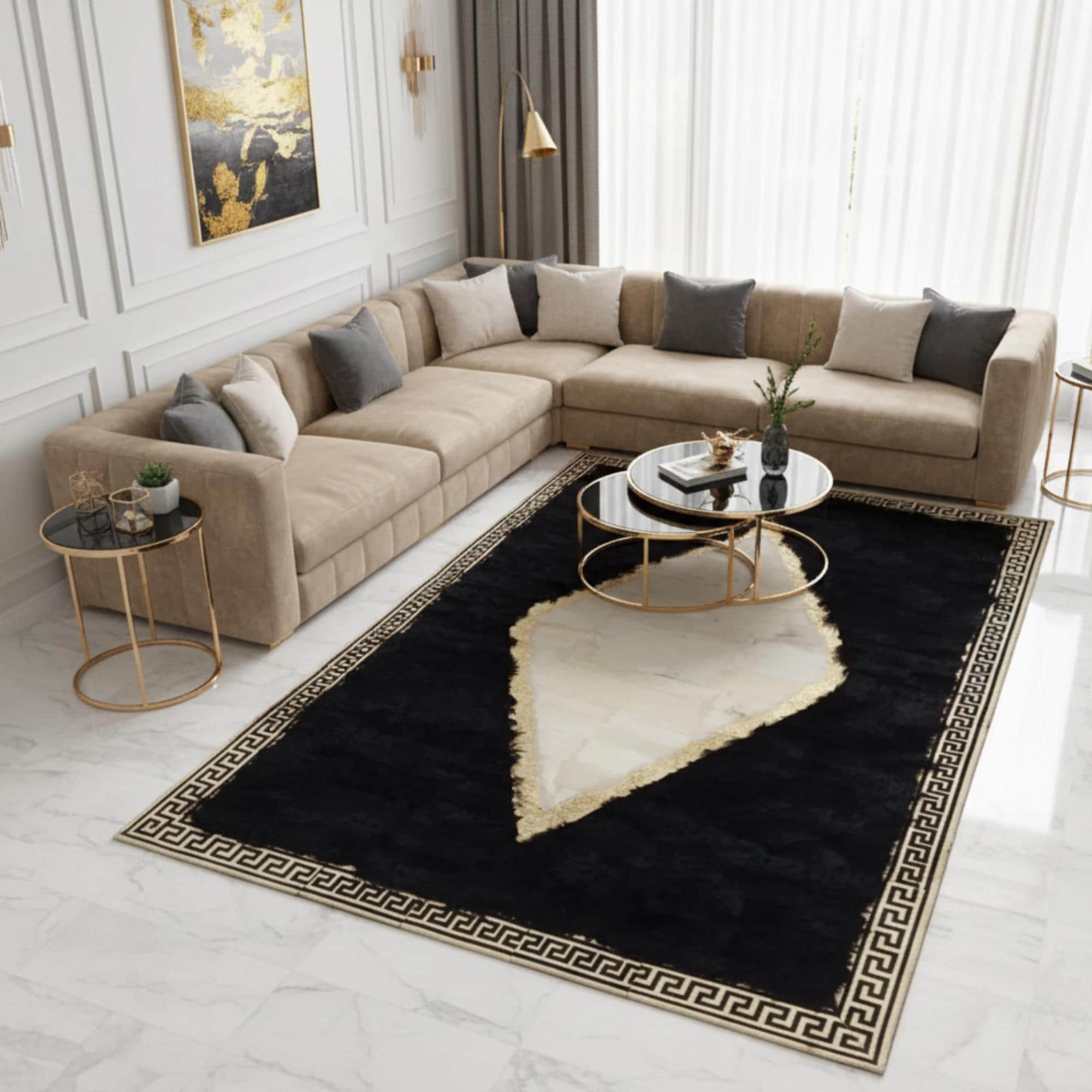 Siyah Zeminli Toscana Kürk Halı – Kaymaz Tabanlı Premium Tasarım