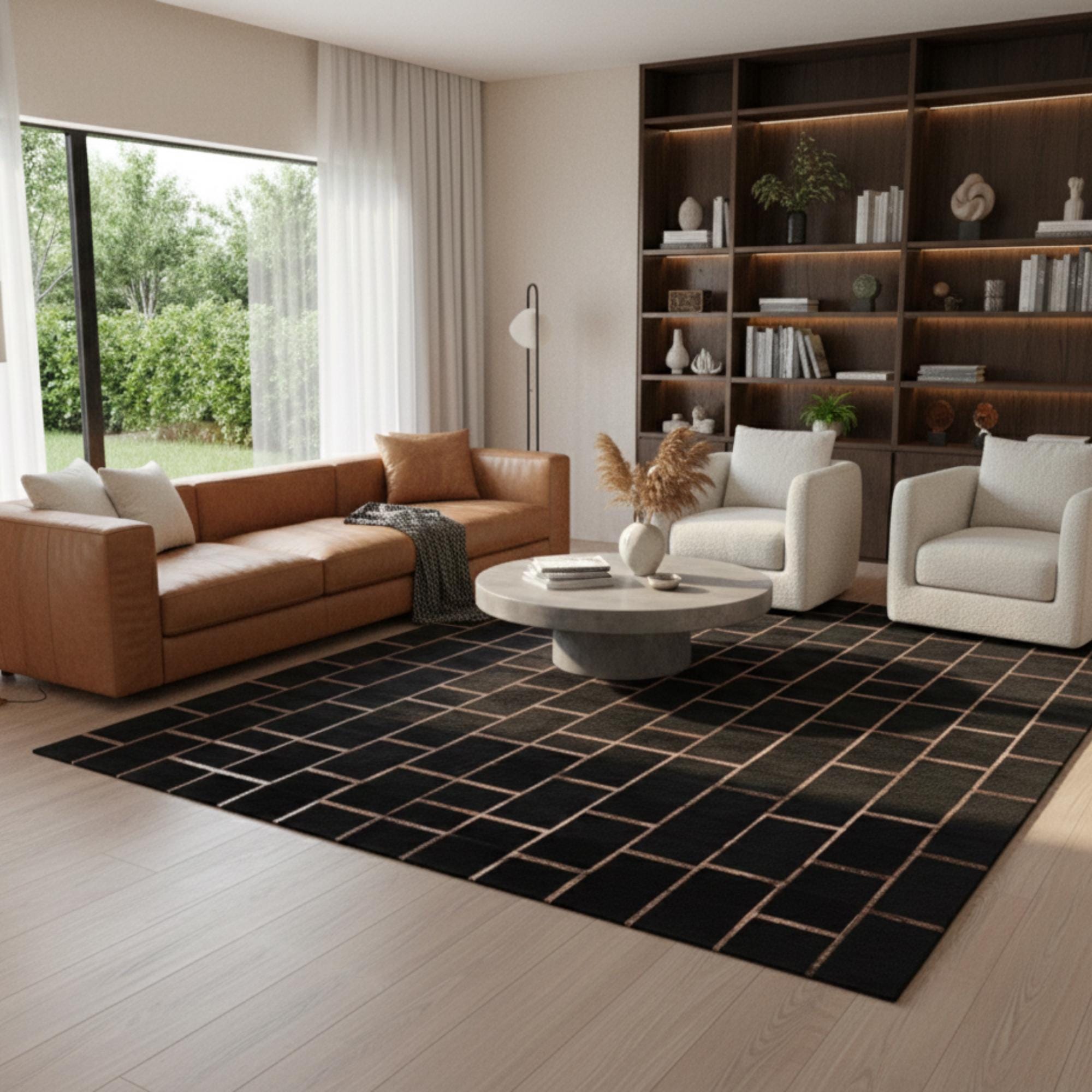 Siyah ve Rose Gold Çizgili Dana Derisi Patchwork Halı