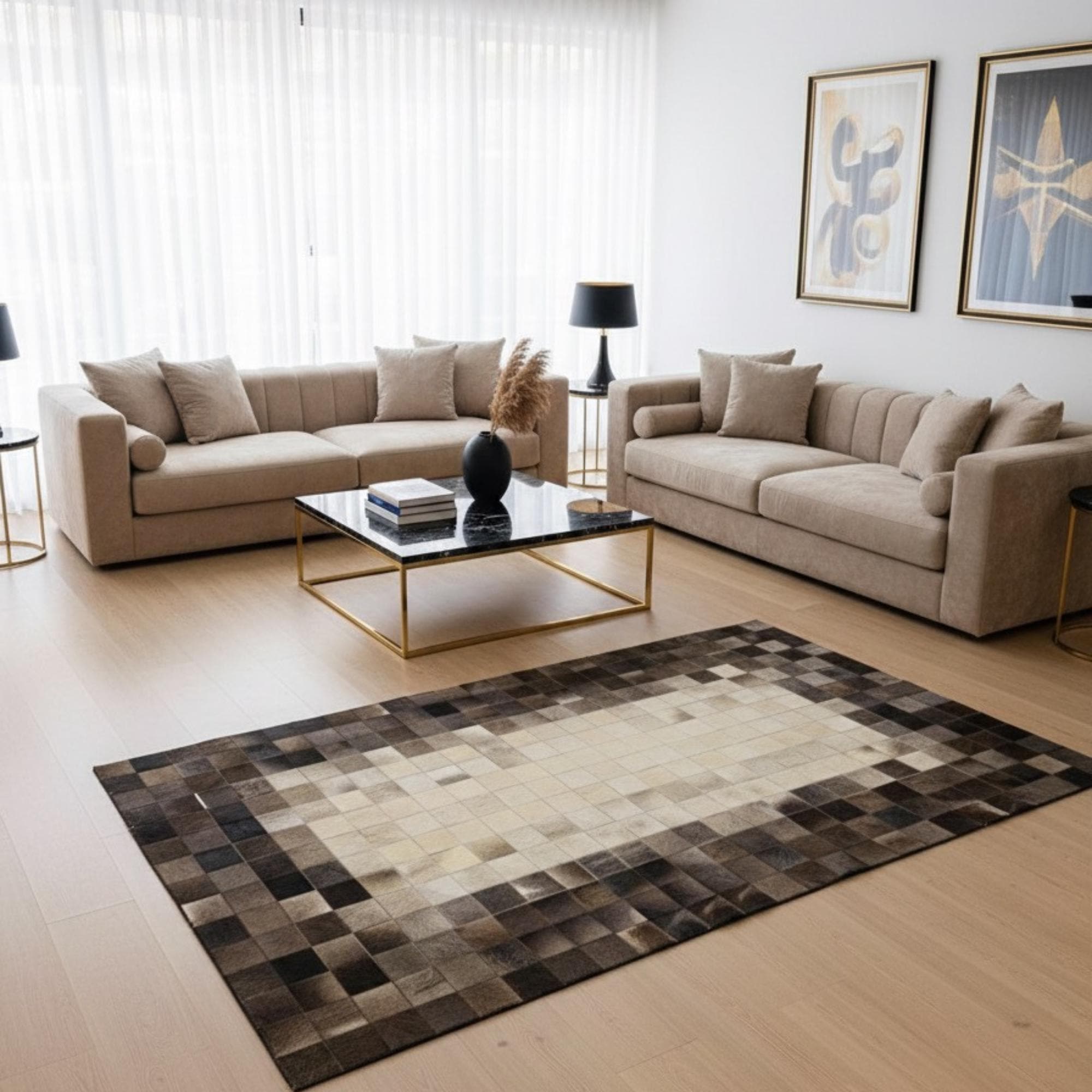 Bej ve Açık Kahverengi Tonlu Dana Derisi Patchwork Halı