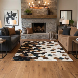 Siyah, Bej ve Kahverengi Tonlu Dana Derisi Patchwork Halı – görsel 7