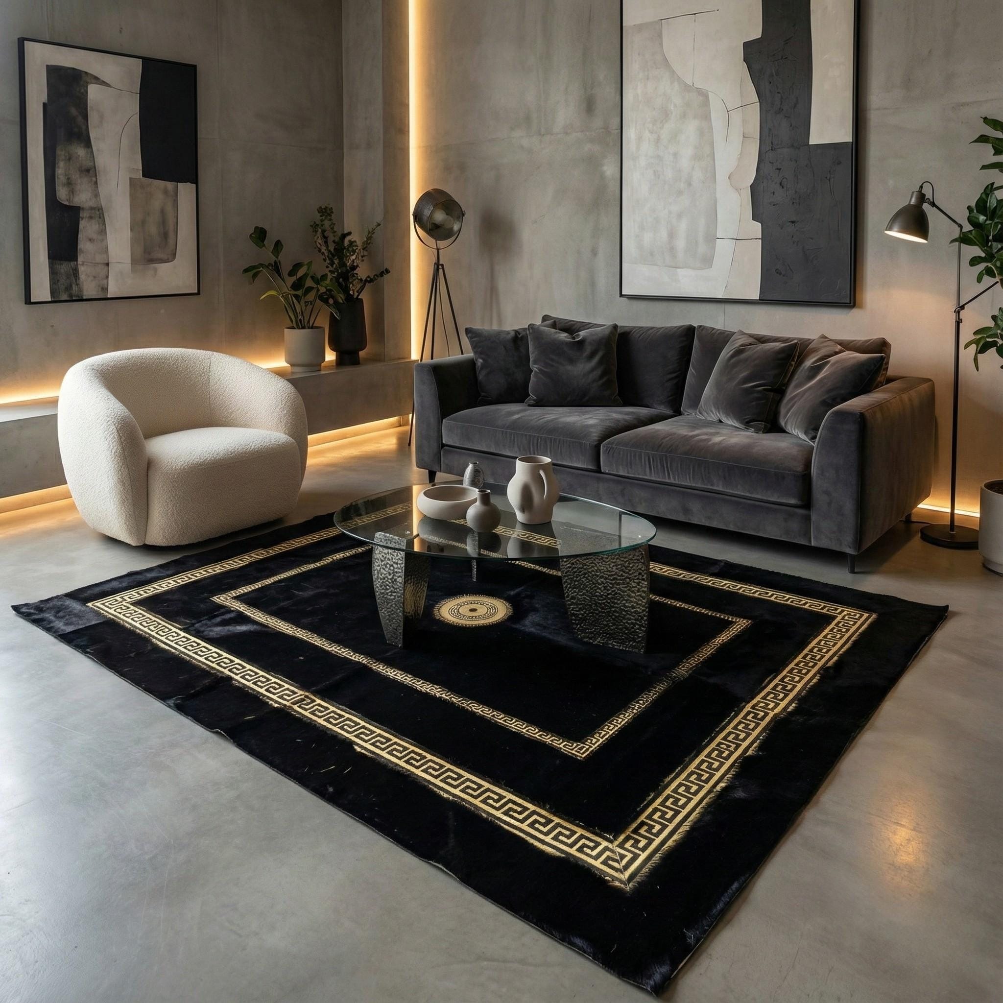 Siyah Zeminli Çift Altın Bordür Detaylı Peluş Halı – Yumuşak Dokulu, Modern ve Dekoratif Halı