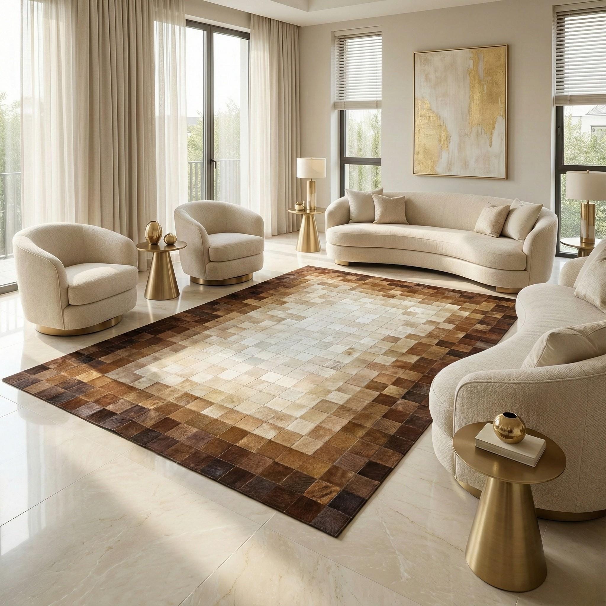 Bej ve Kahverengi Tonlu Dana Derisi Patchwork Halı – El Yapımı Doğal Deri Dekoratif Halı