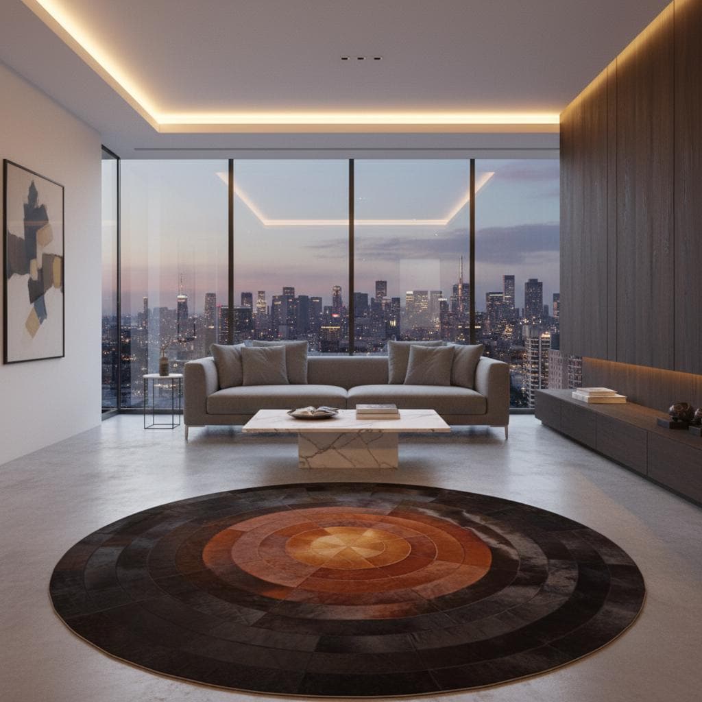 Siyah Zeminli Turuncu Merkez Detaylı Yuvarlak Dana Derisi Patchwork Halı