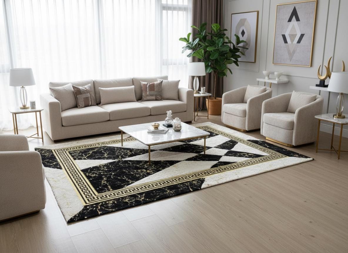 Siyah ve Beyaz Zeminli Geometrik Desenli Peluş Halı – Yumuşak Dokulu, Modern ve Dekoratif Halı