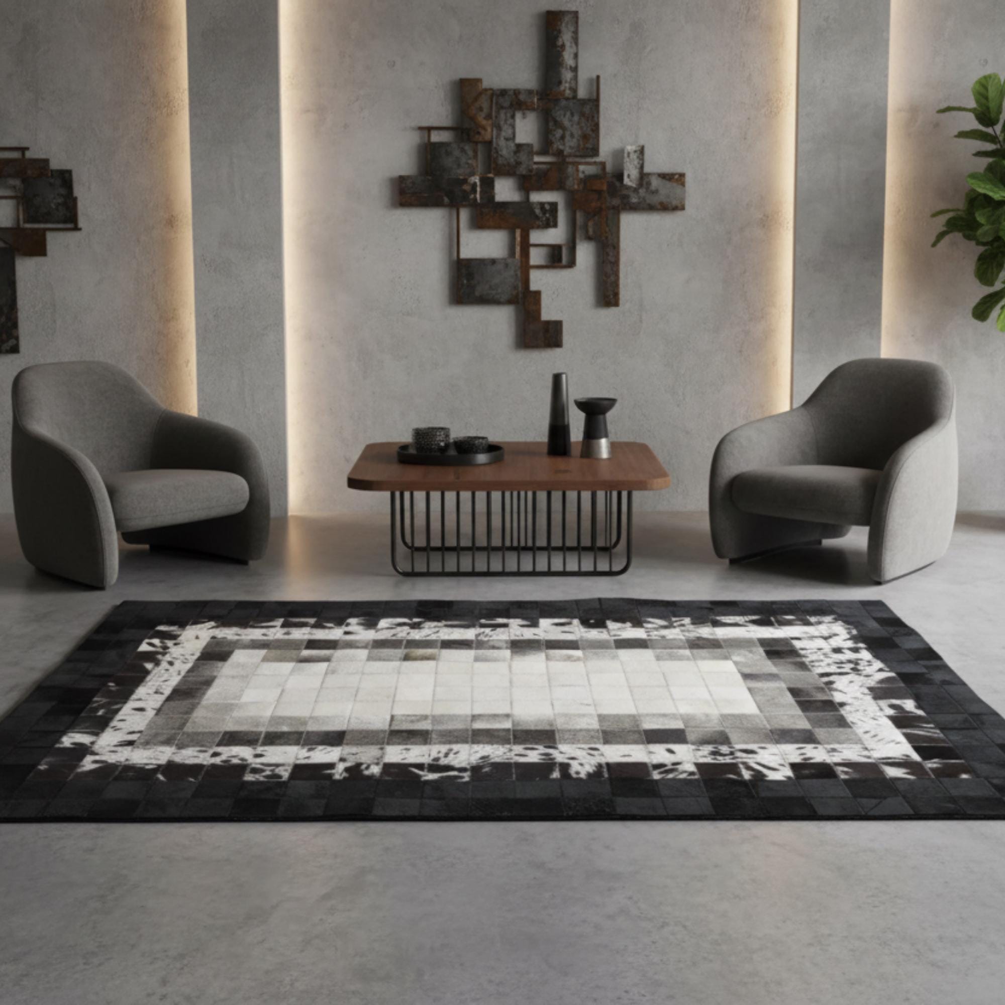 Siyah ve Gri Tonlu Dana Derisi Patchwork Halı – El Yapımı Doğal Deri Dekoratif Halı