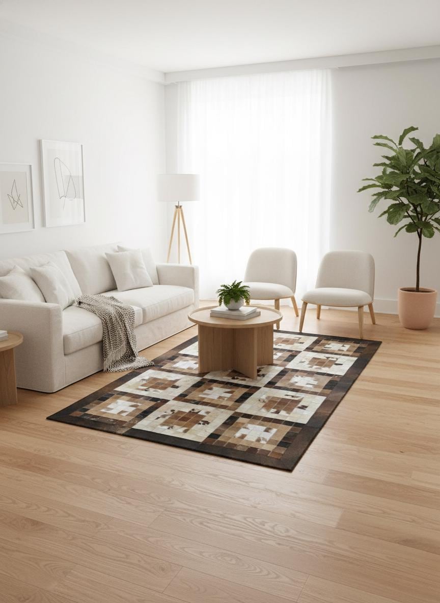 Kahverengi ve Bej Tonlu Dana Derisi Patchwork Halı – El Yapımı Doğal Deri Dekoratif Halı