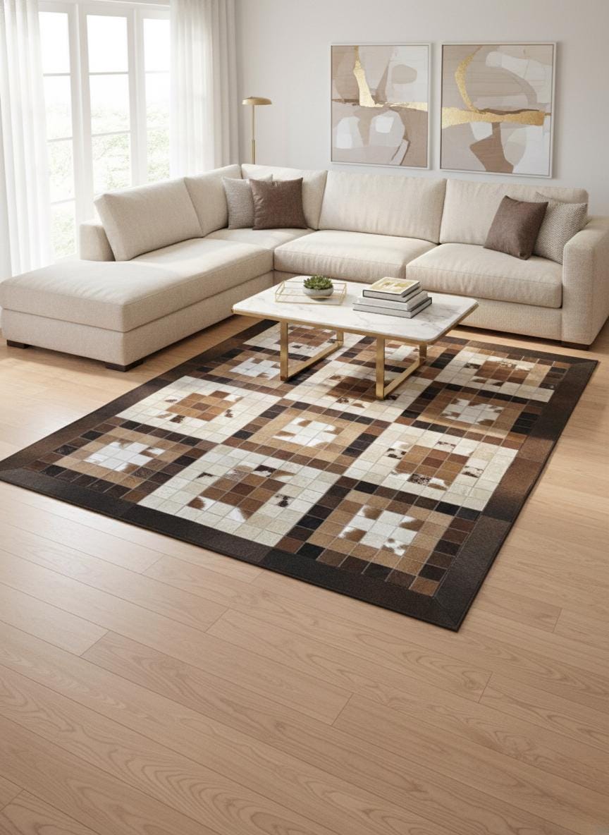 Kahverengi ve Bej Tonlu Dana Derisi Patchwork Halı – El Yapımı Doğal Deri Dekoratif Halı