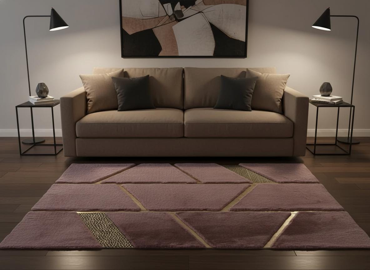 Pembe Zeminli Altın Çizgi Detaylı Peluş Halı – Yumuşak Dokulu, Modern ve Dekoratif Halı