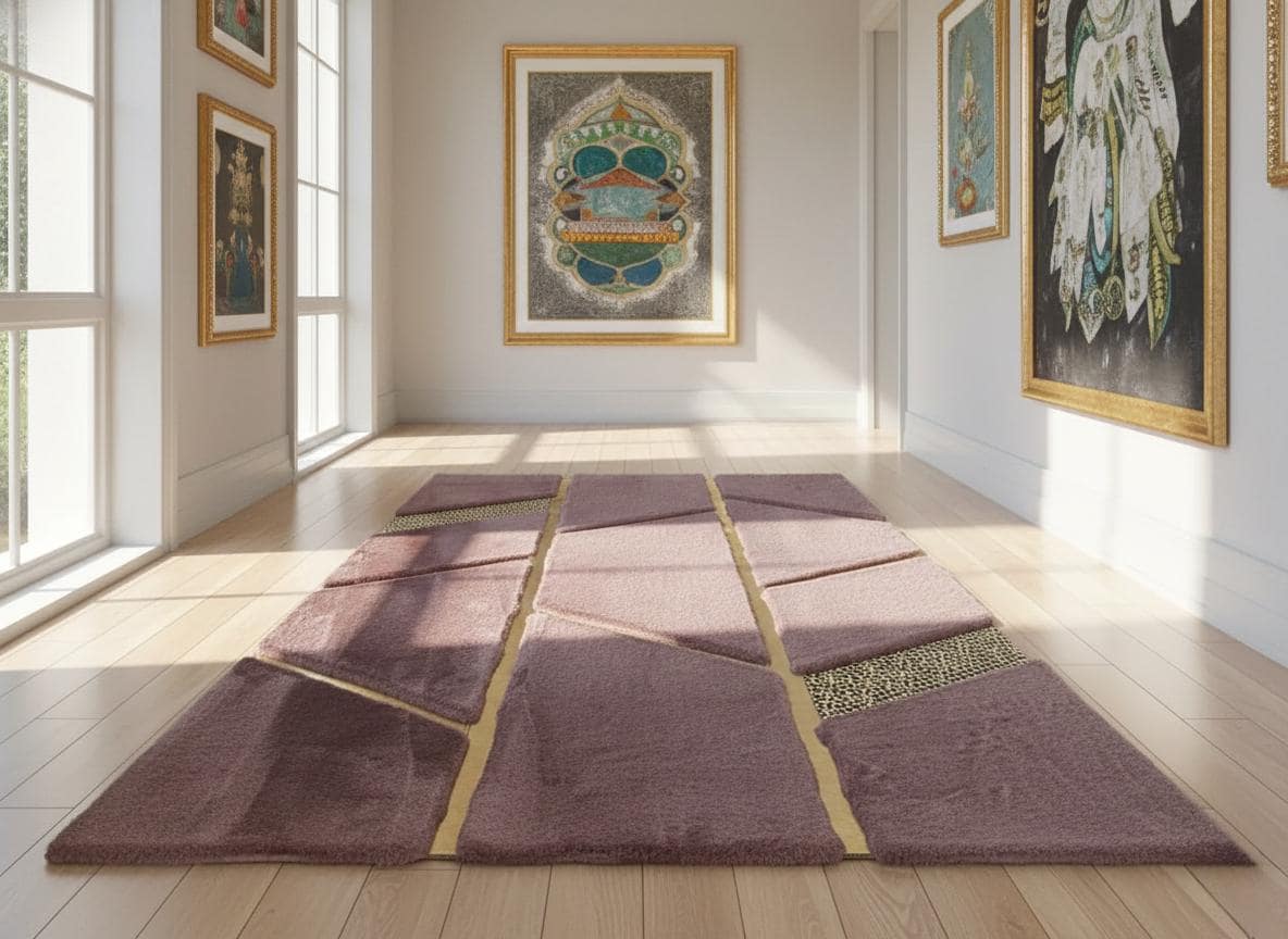 Pembe Zeminli Altın Çizgi Detaylı Peluş Halı – Yumuşak Dokulu, Modern ve Dekoratif Halı